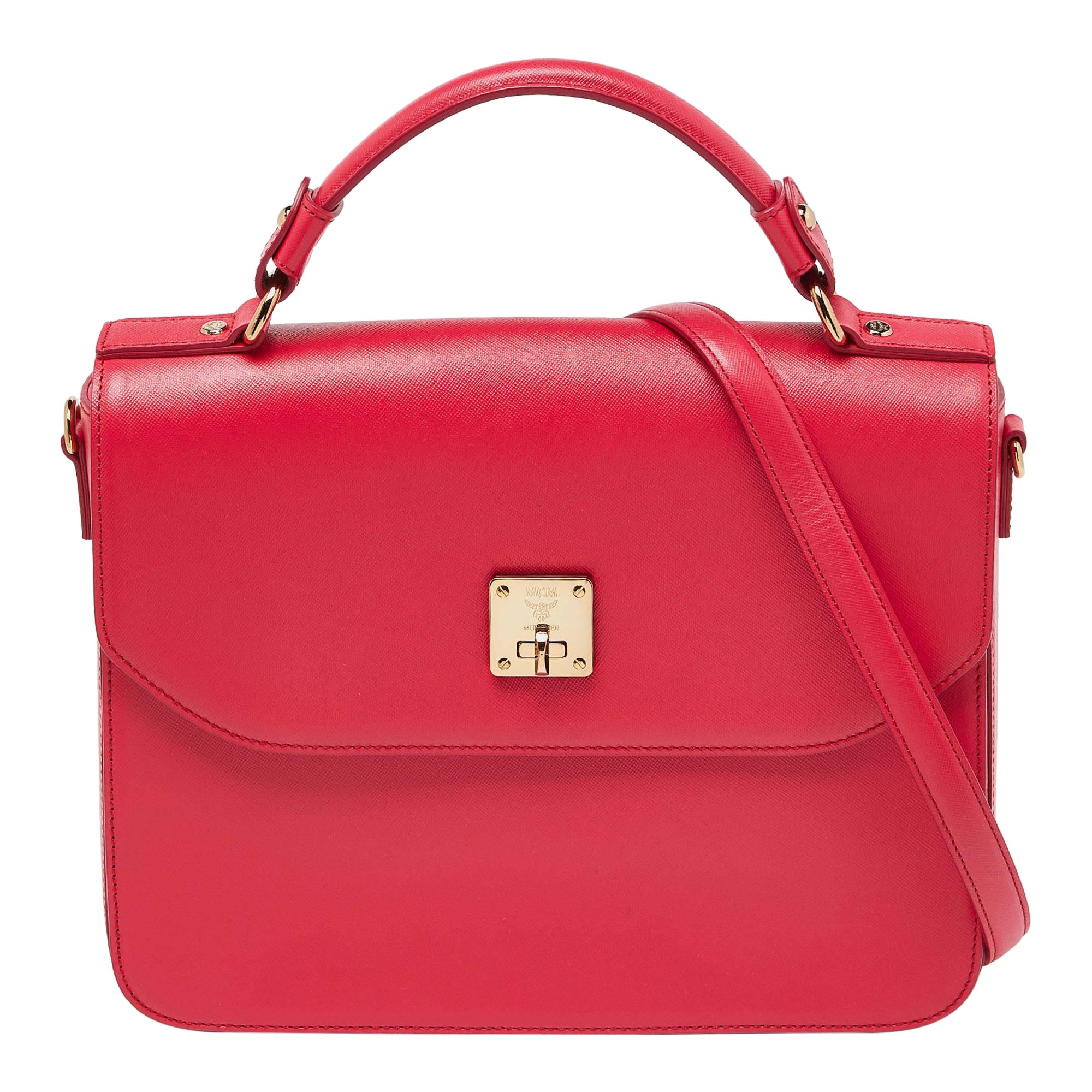 MCM Red Leather Turnlock Flap Top Handle Bag