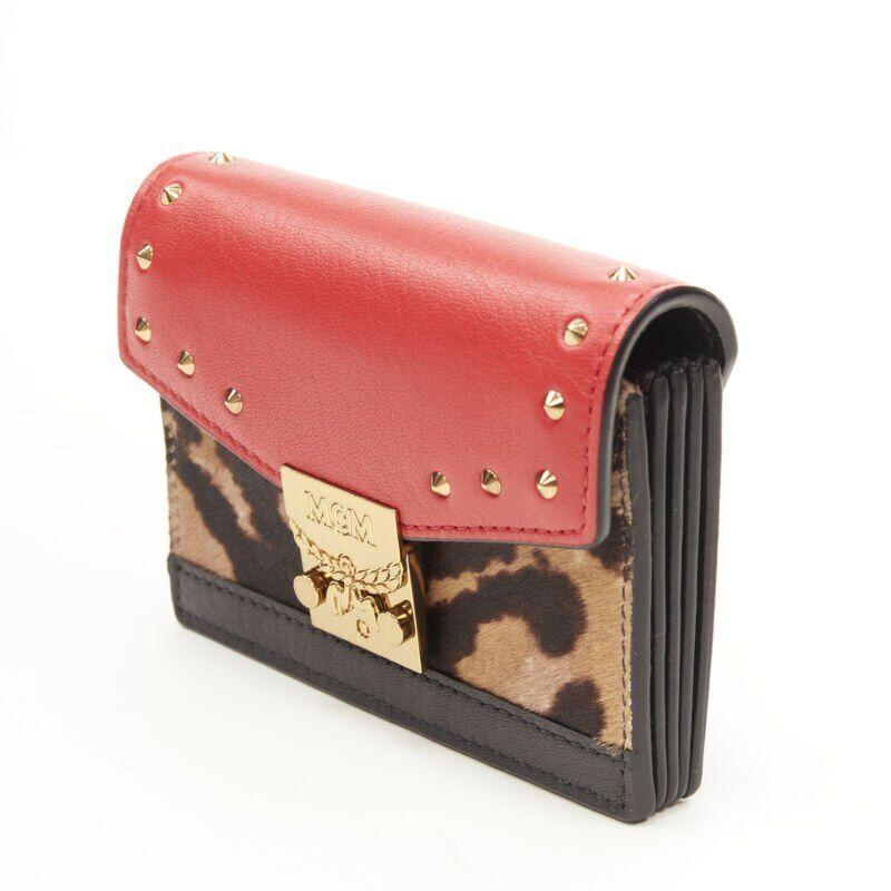 Women's MCM red leopard gold studded flap cardholder micro crossbody chain bag