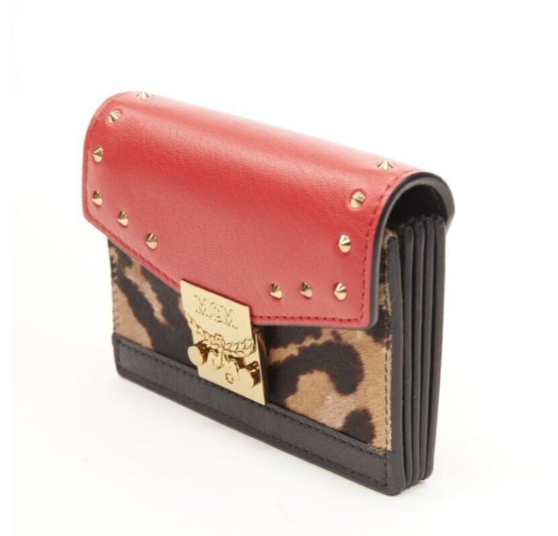 Women's MCM red leopard gold studded flap cardholder micro crossbody chain bag For Sale