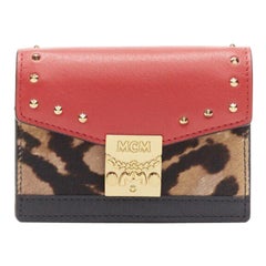 MCM red leopard gold studded flap cardholder micro crossbody chain bag