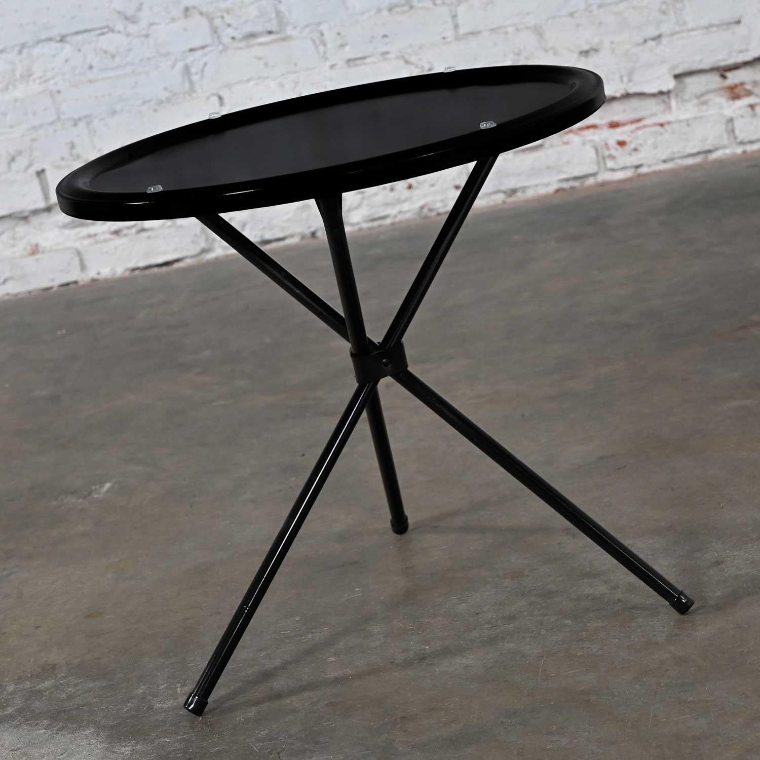 MCM Round Metal Outdoor Black Painted Tripod Accent Table with Glass Top For Sale 4