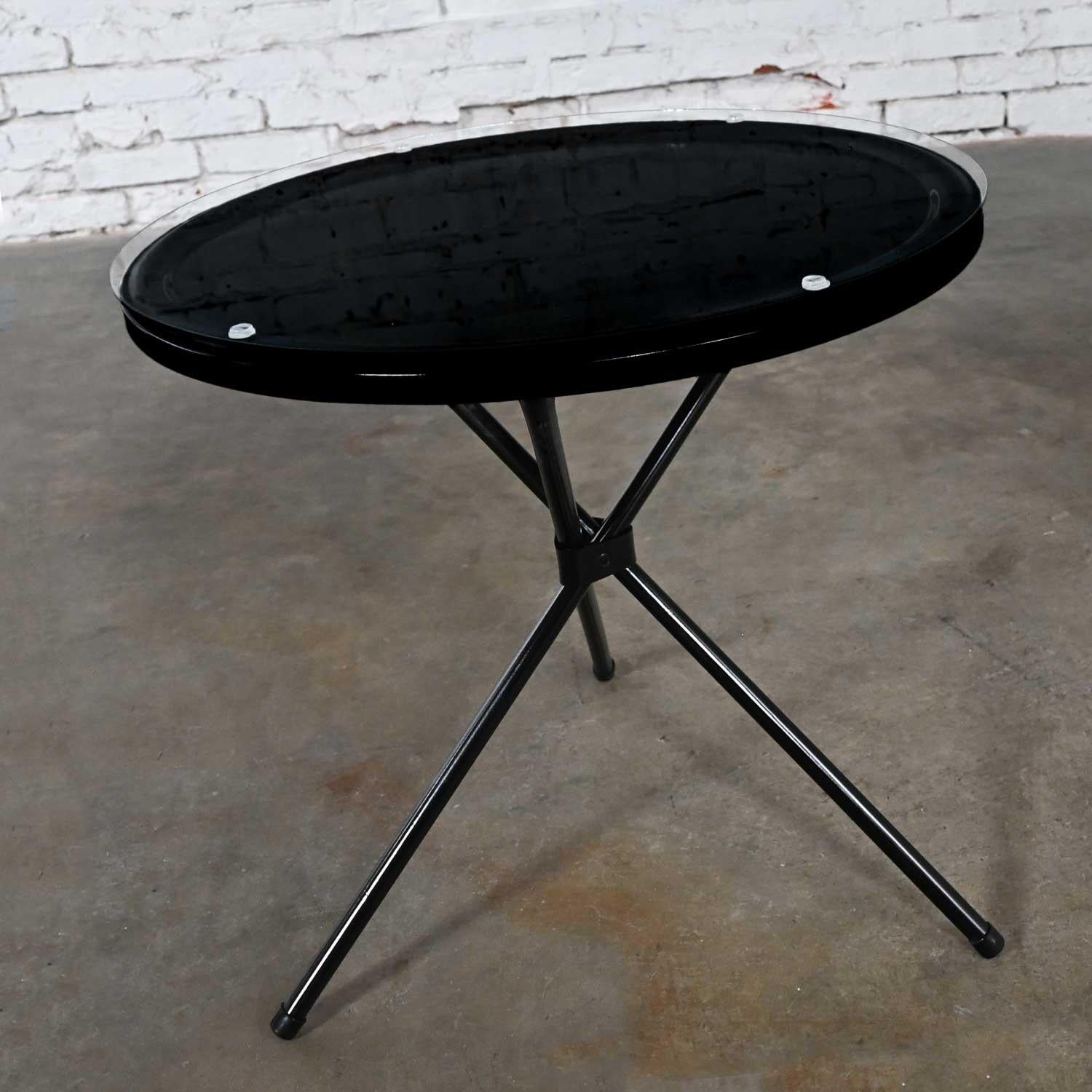 MCM Round Metal Outdoor Black Painted Tripod Accent Table with Glass Top For Sale 9