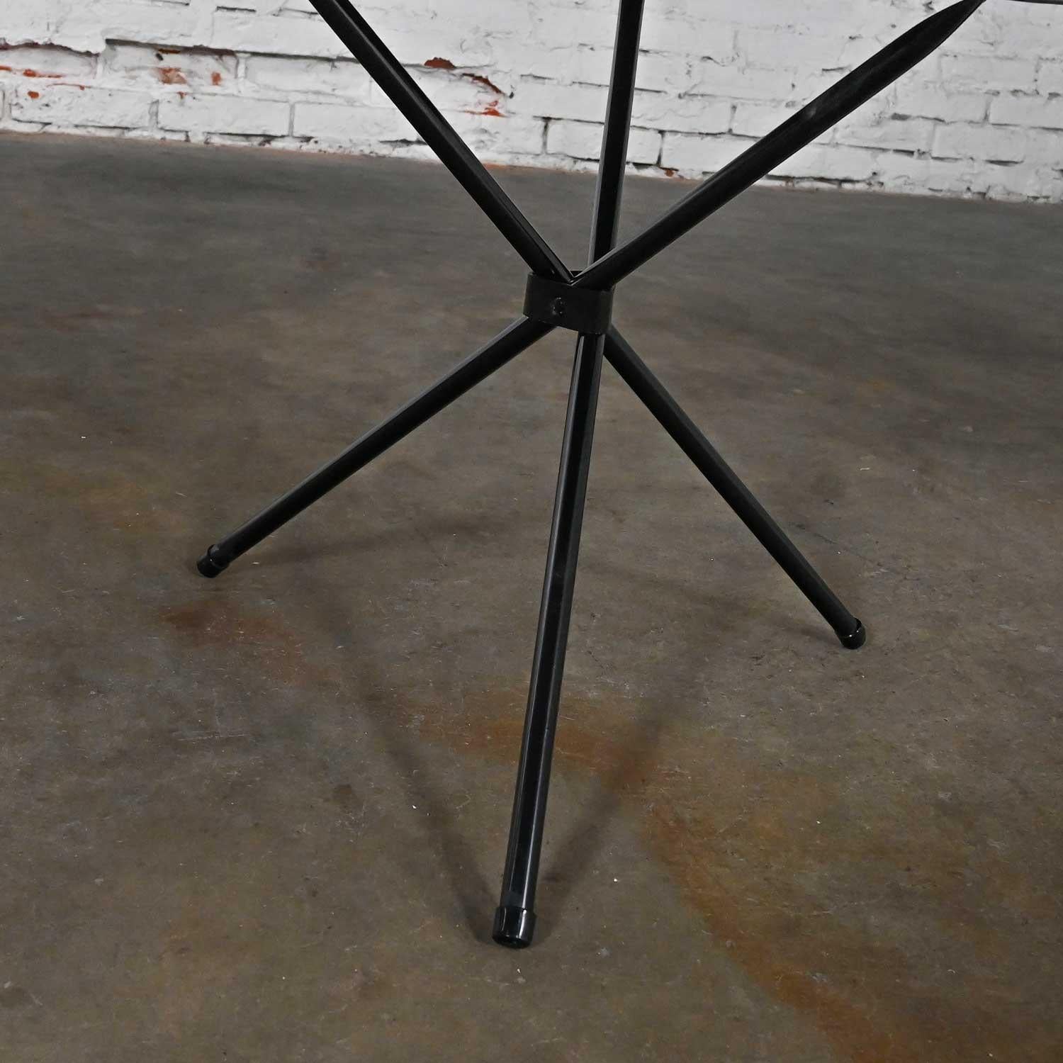 20th Century MCM Round Metal Outdoor Black Painted Tripod Accent Table with Glass Top For Sale