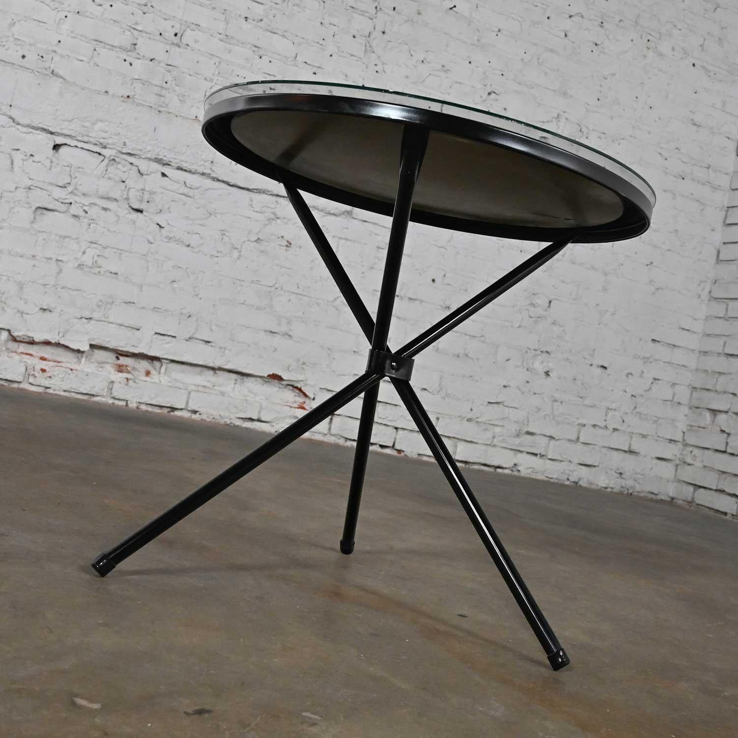 MCM Round Metal Outdoor Black Painted Tripod Accent Table with Glass Top For Sale 2