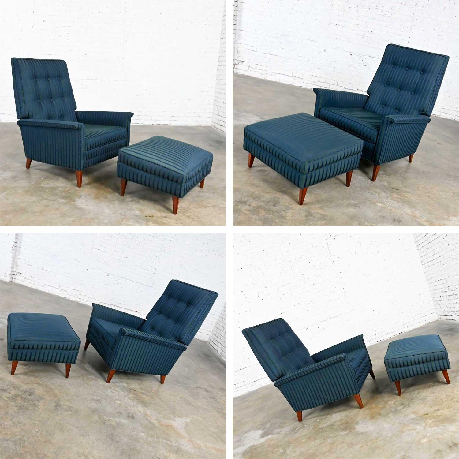 MCM Royal Blue & Blue Green Recliner & Ottoman Attributed to Selig Monroe Chair For Sale 3