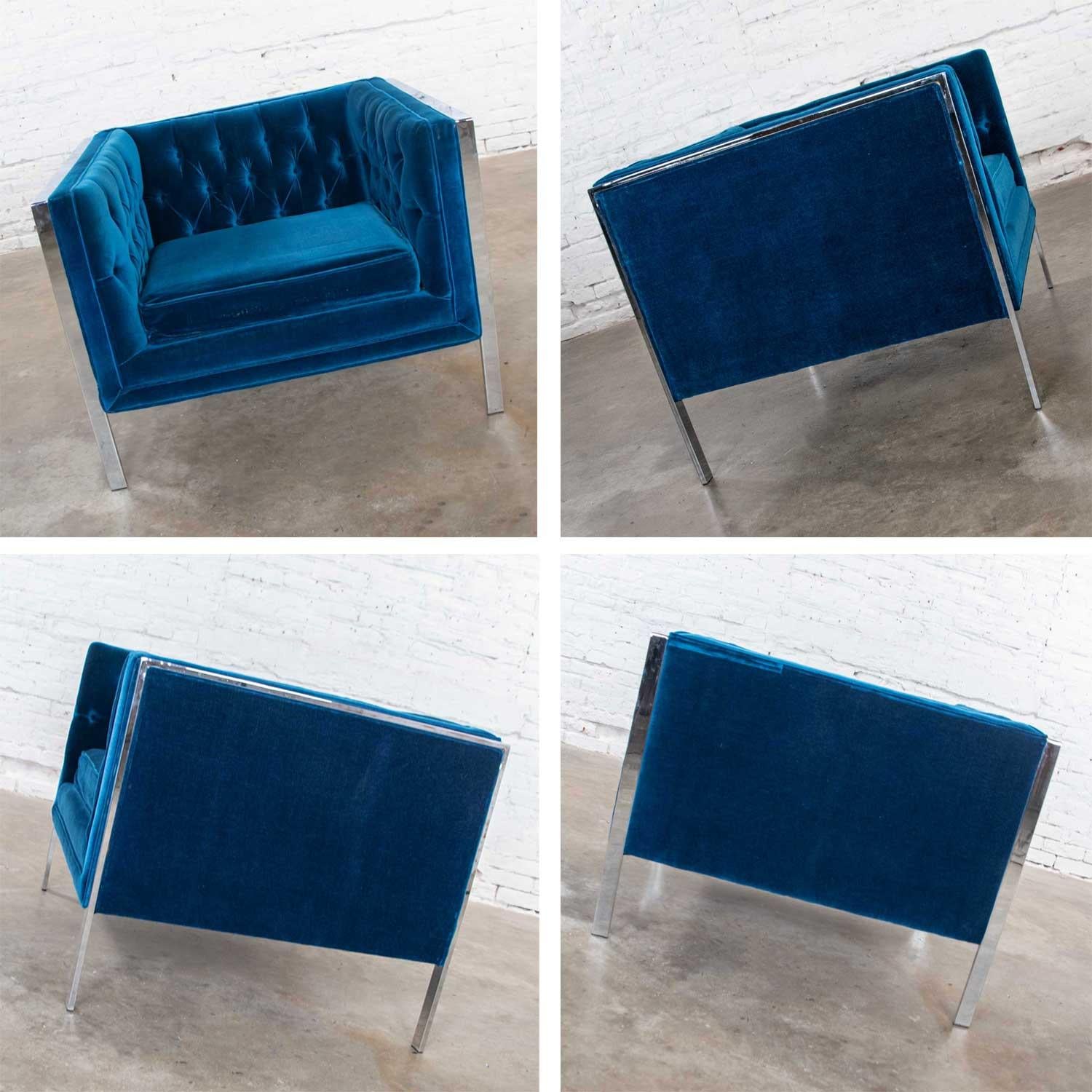 MCM Royal Blue Velvet and Chrome Cube Loveseat and Chair after Milo Baughman For Sale 2
