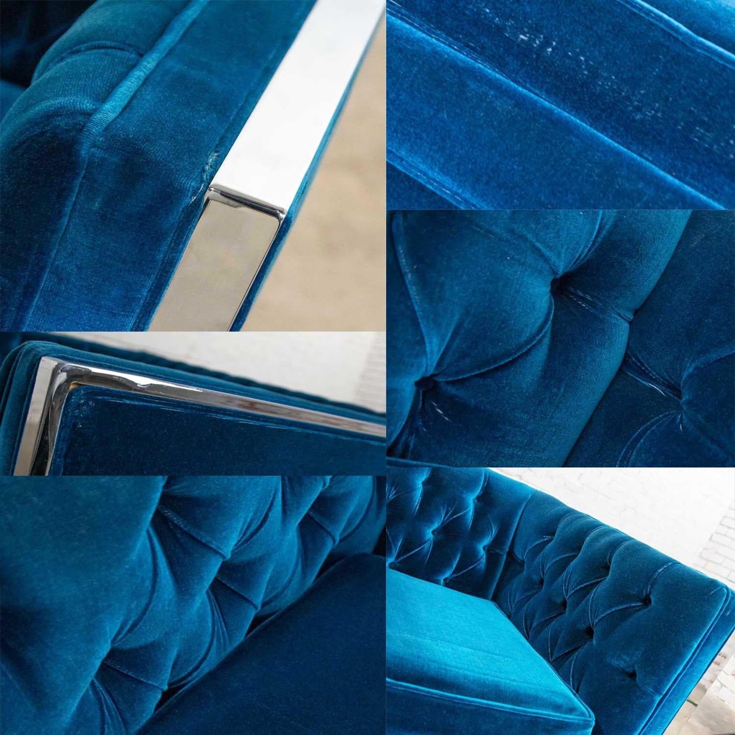 MCM Royal Blue Velvet and Chrome Cube Loveseat and Chair after Milo Baughman For Sale 3