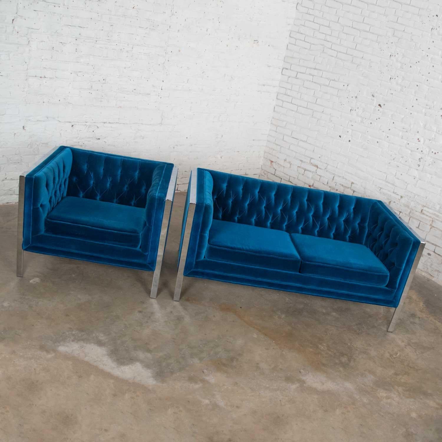 Fauteuil et chaise cubiques en velours bleu royal et chrome MCM d'après Milo Baughman Bon état - En vente à Topeka, KS