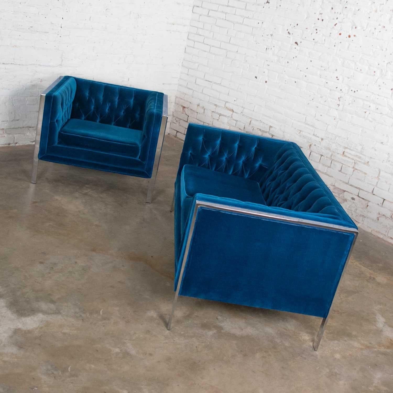 Mid-Century Modern MCM Royal Blue Velvet and Chrome Cube Loveseat and Chair after Milo Baughman For Sale