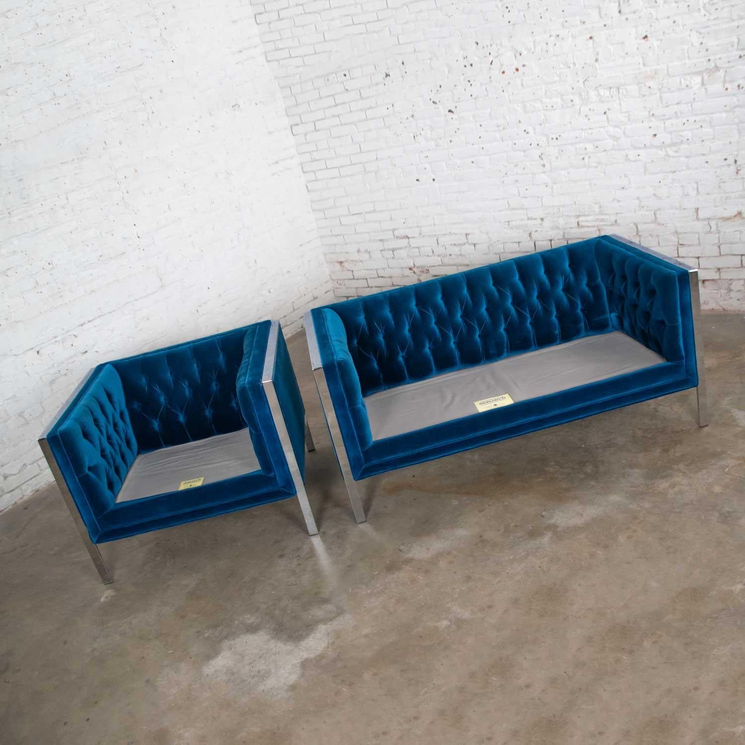 20th Century MCM Royal Blue Velvet and Chrome Cube Loveseat and Chair after Milo Baughman For Sale