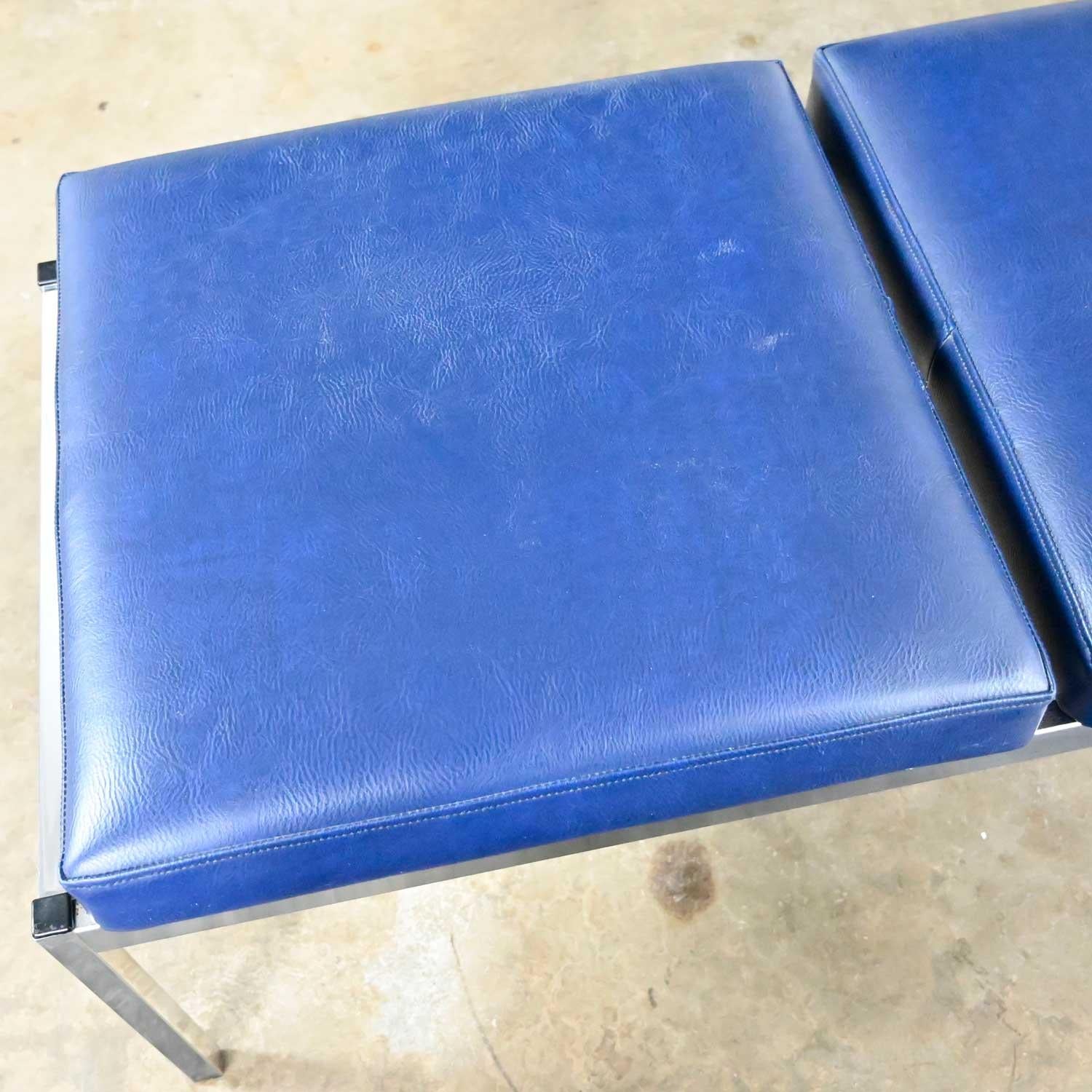 MCM Royal Blue Vinyl Chrome 3 Cushion Bench Globe Business Furn Style Steelcase 6