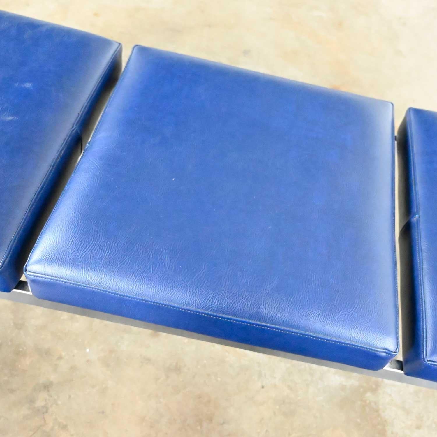 MCM Royal Blue Vinyl Chrome 3 Cushion Bench Globe Business Furn Style Steelcase 7