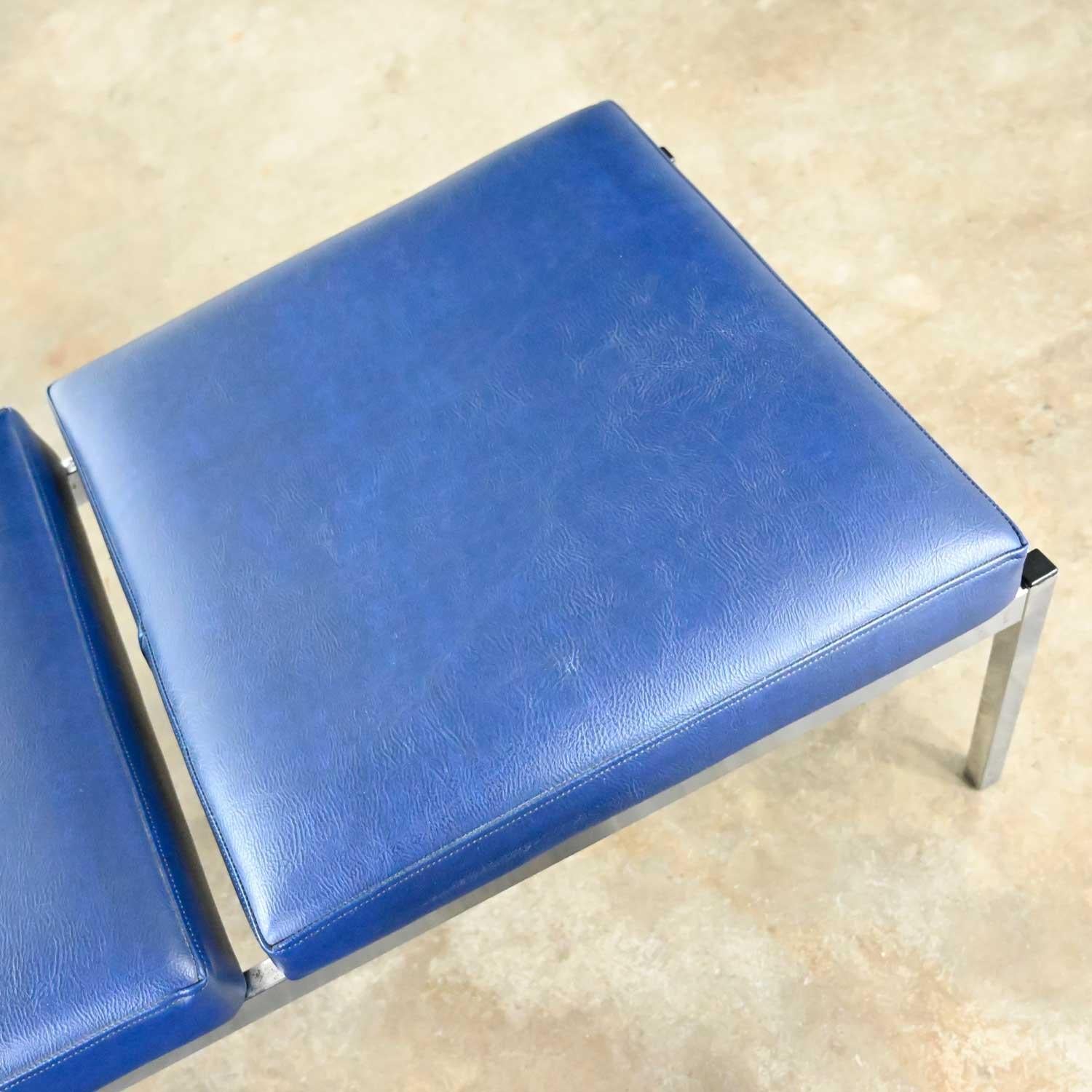 MCM Royal Blue Vinyl Chrome 3 Cushion Bench Globe Business Furn Style Steelcase 8