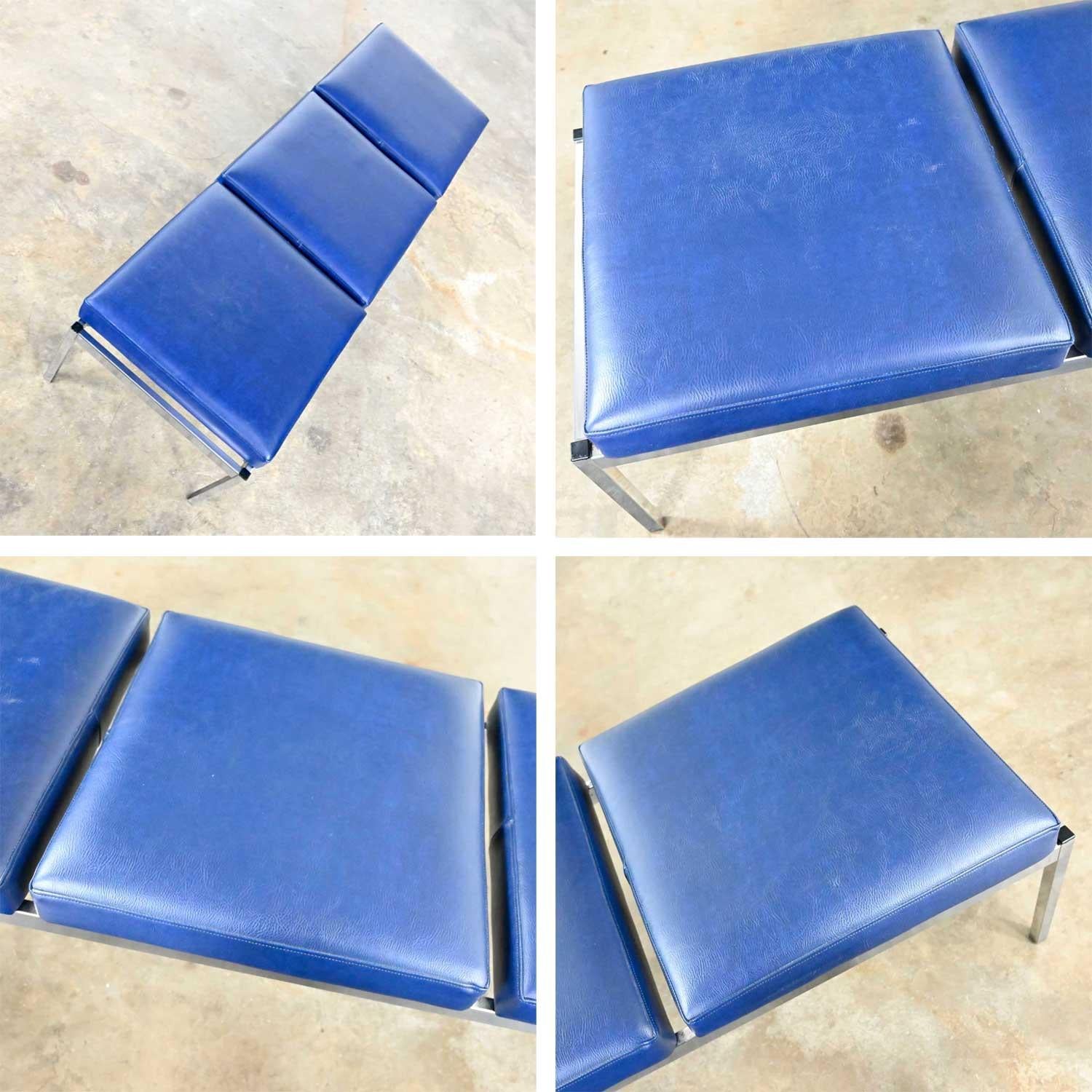 MCM Royal Blue Vinyl Chrome 3 Cushion Bench Globe Business Furn Style Steelcase 12