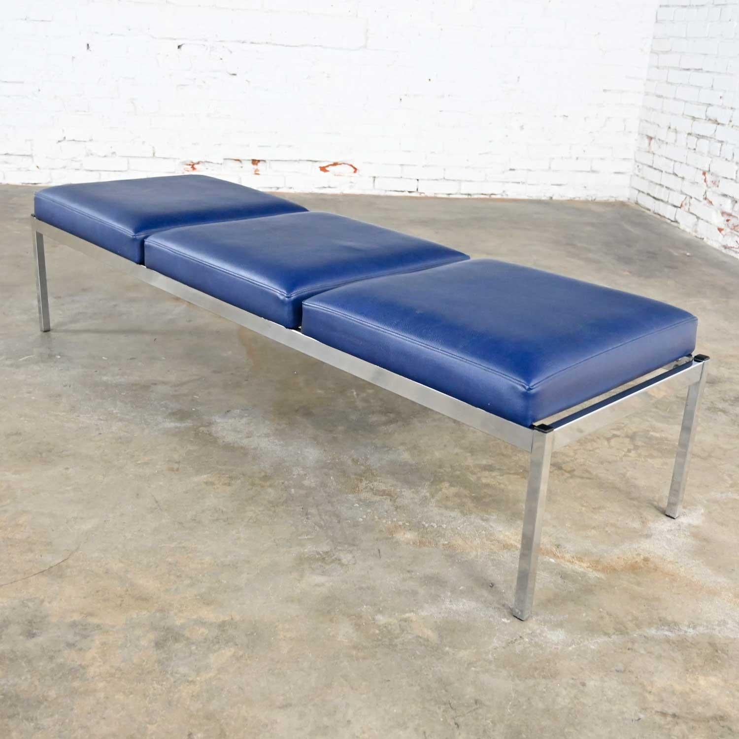 Awesome Mid-Century Modern royal blue vinyl or faux leather and chrome three cushion bench by Globe Business Furniture in the style of Steelcase. Wonderful condition, keeping in mind that this is vintage and not new so will have signs of use. We