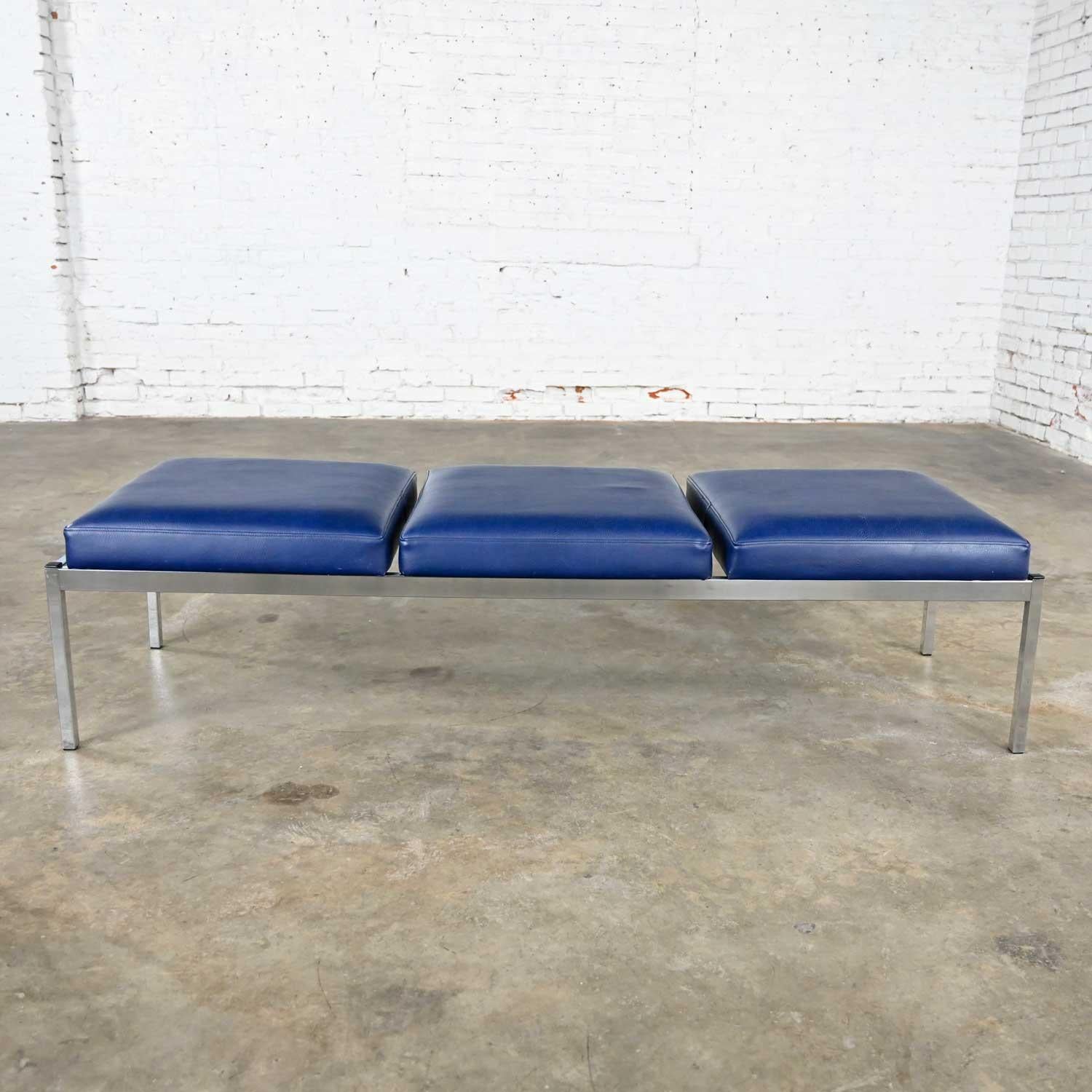 American MCM Royal Blue Vinyl Chrome 3 Cushion Bench Globe Business Furn Style Steelcase