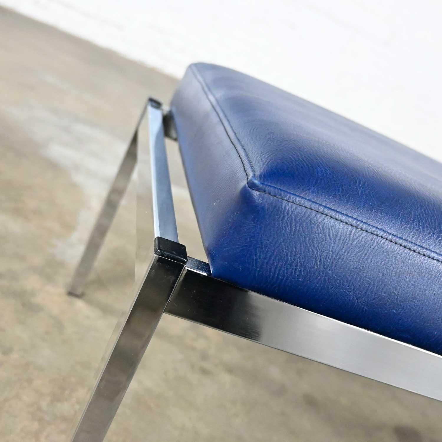 20th Century MCM Royal Blue Vinyl Chrome 3 Cushion Bench Globe Business Furn Style Steelcase
