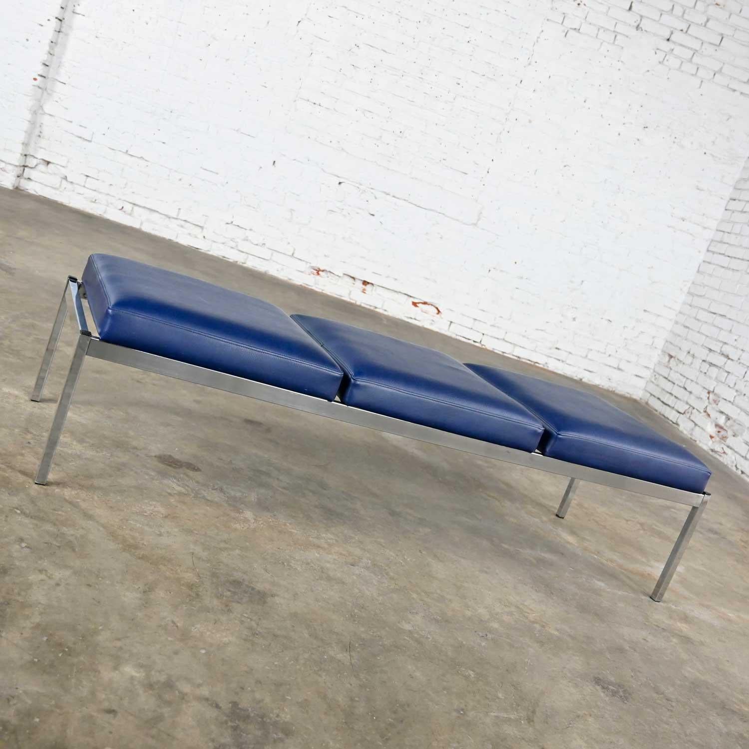 Faux Leather MCM Royal Blue Vinyl Chrome 3 Cushion Bench Globe Business Furn Style Steelcase