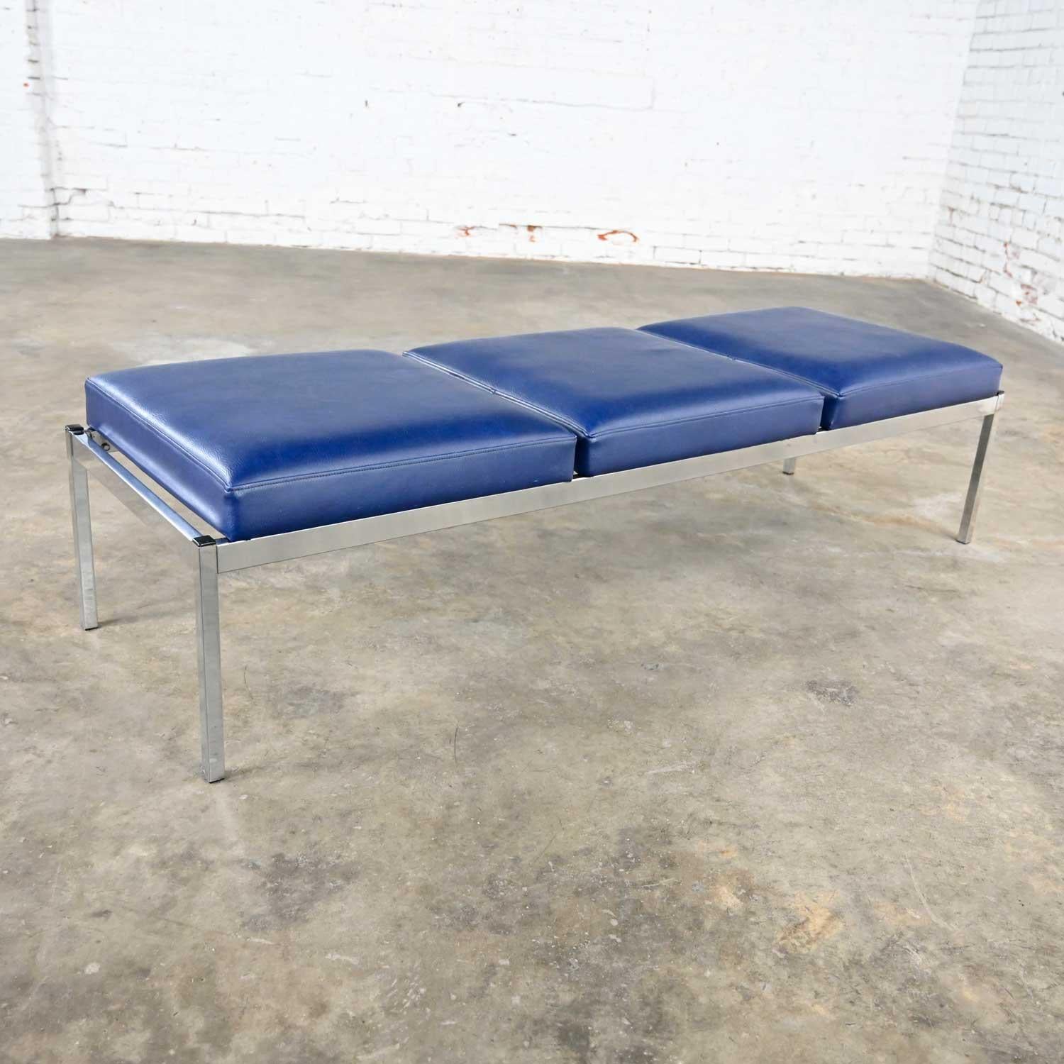 MCM Royal Blue Vinyl Chrome 3 Cushion Bench Globe Business Furn Style Steelcase 1