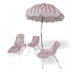 MCM Russel Woodard Style Wire Mesh Patio Chairs, Pool Lounge Chair and Umbrella