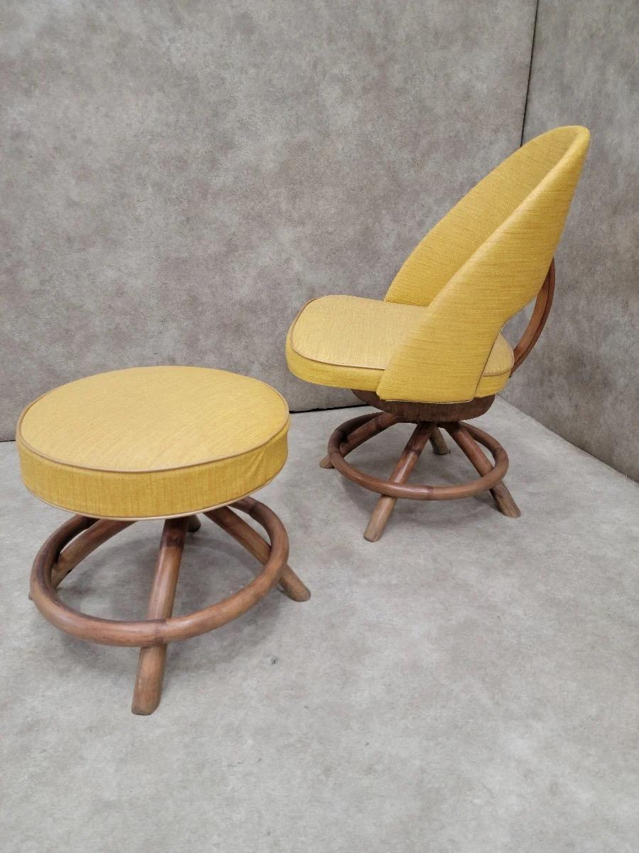 Ensemble 2 pièces - Chaise et ottoman pivotants en rotin de style Saarinen en vente 1