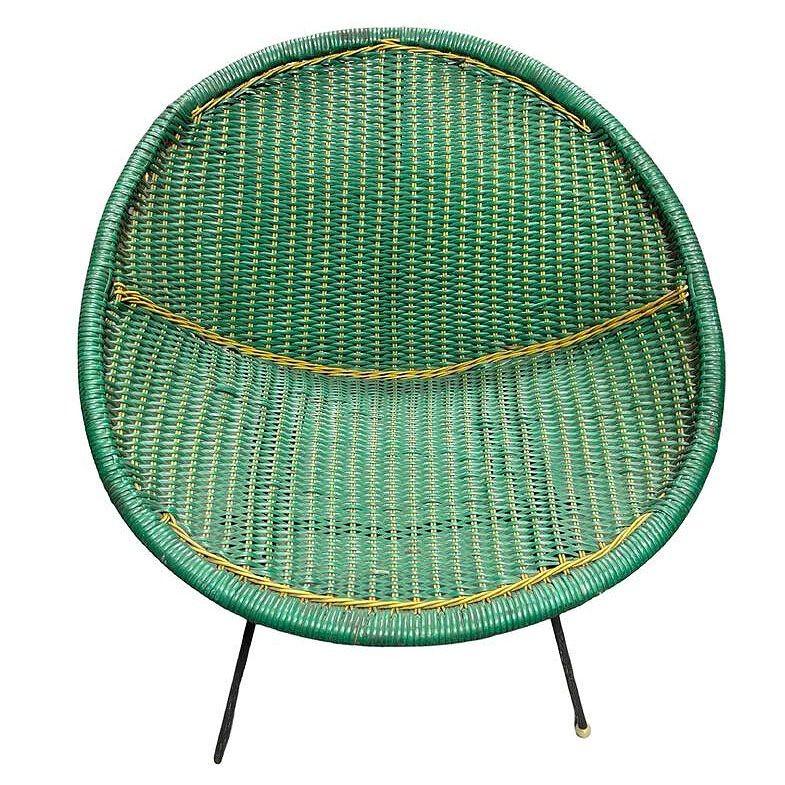 American MCM Sam Avedon Styled Iron Outdoor/Patio Saucer Chair w/ Nylon Weaved Seat, Pair For Sale