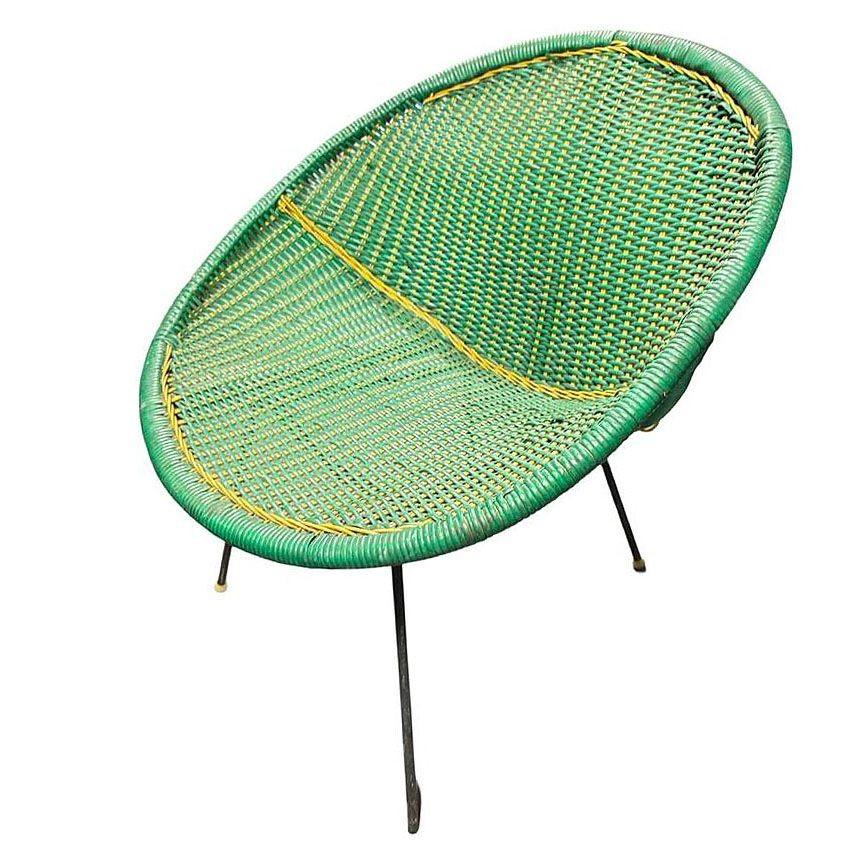 MCM Sam Avedon Styled Iron Outdoor/Patio Saucer Chair w/ Nylon Weaved Seat, Pair In Good Condition For Sale In Van Nuys, CA