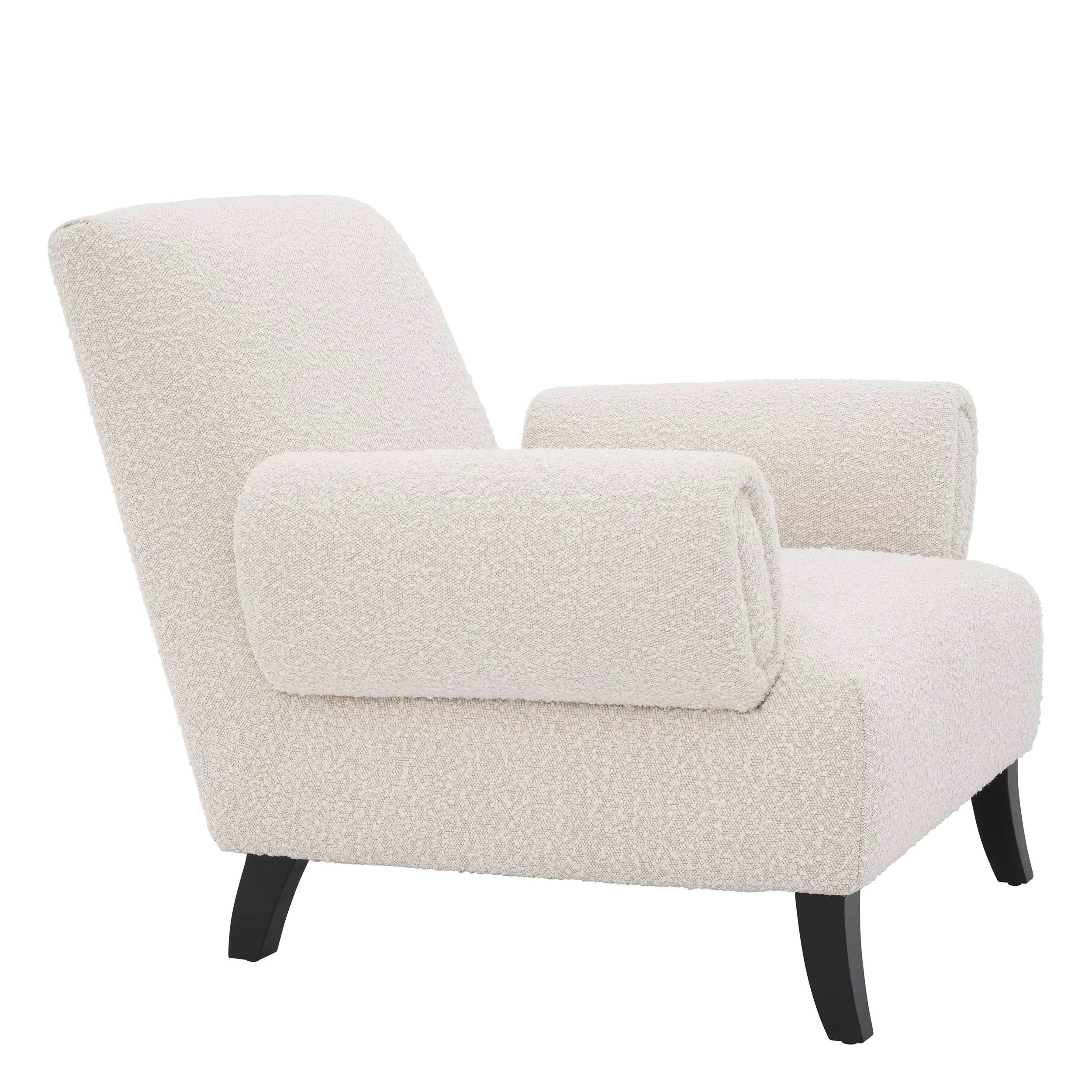 Vintage style and MCM design black wooden feet with beige Bouclé fabric lounge armchair.