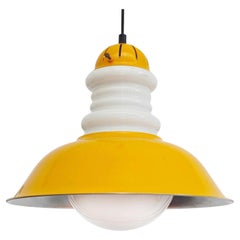 MCM Scandinavian Yellow Metal Hat & Opal Glass Bulb Pendant Light (1960s)