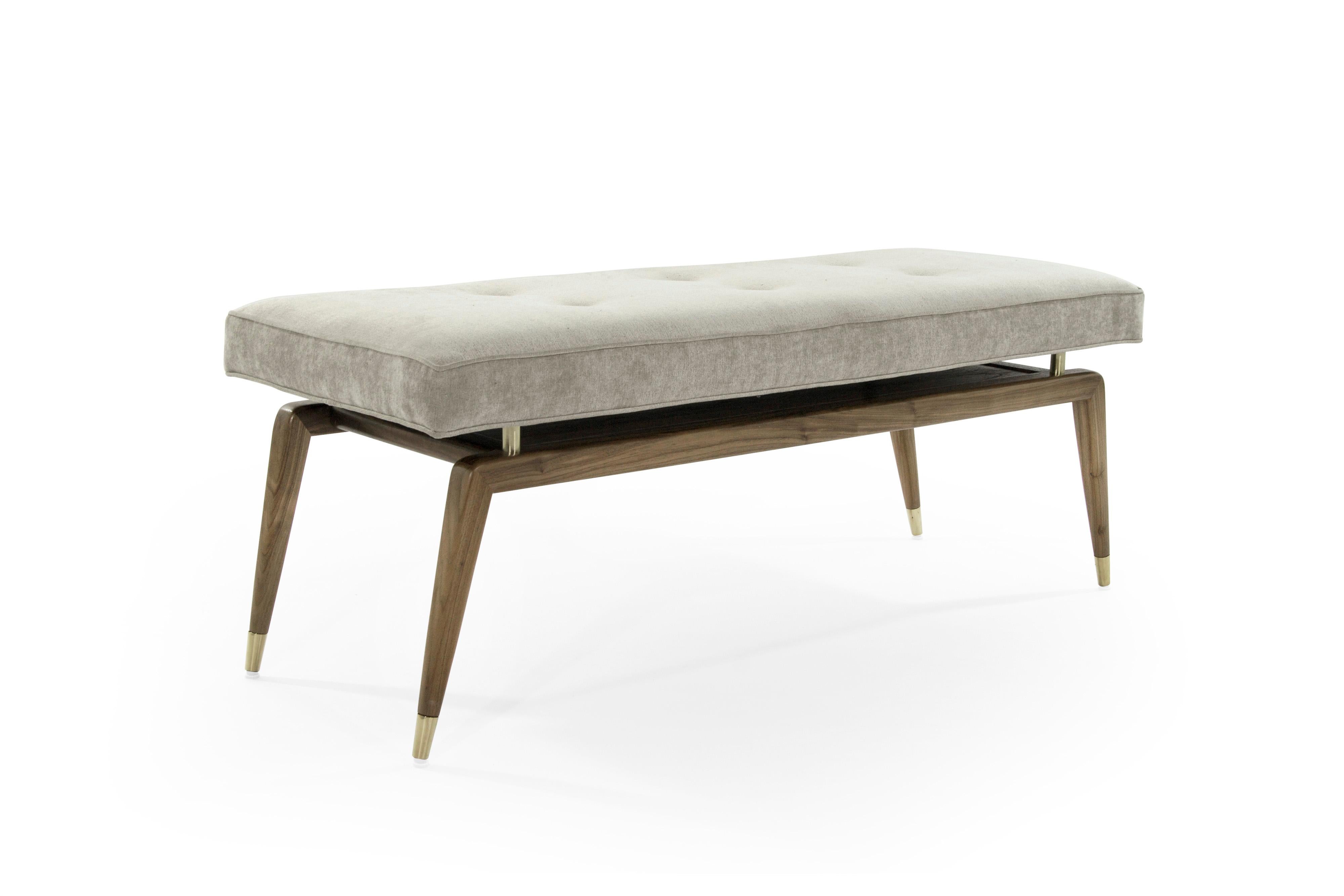 Stunning solid walnut bench in a natural finish, floating cushion newly upholstered in taupe velvet by Holly Hunt. Space underneath cushion provides excellent storage space for magazines, books or newspapers.