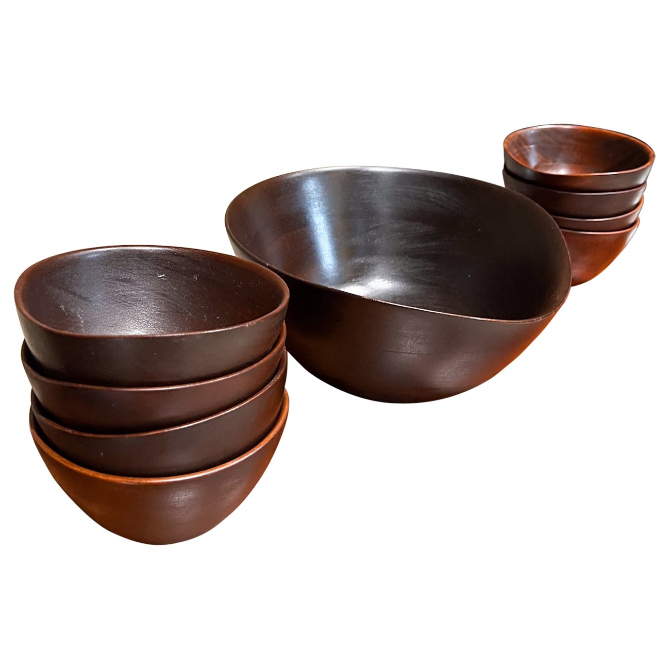 MCM Sculptural Salad Bowl Set of Nine in Turned Walnut Wood