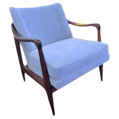 Mcm Sculptural Walnut Lounge Chair Newly Upholstered In A Light Blue Mohair
