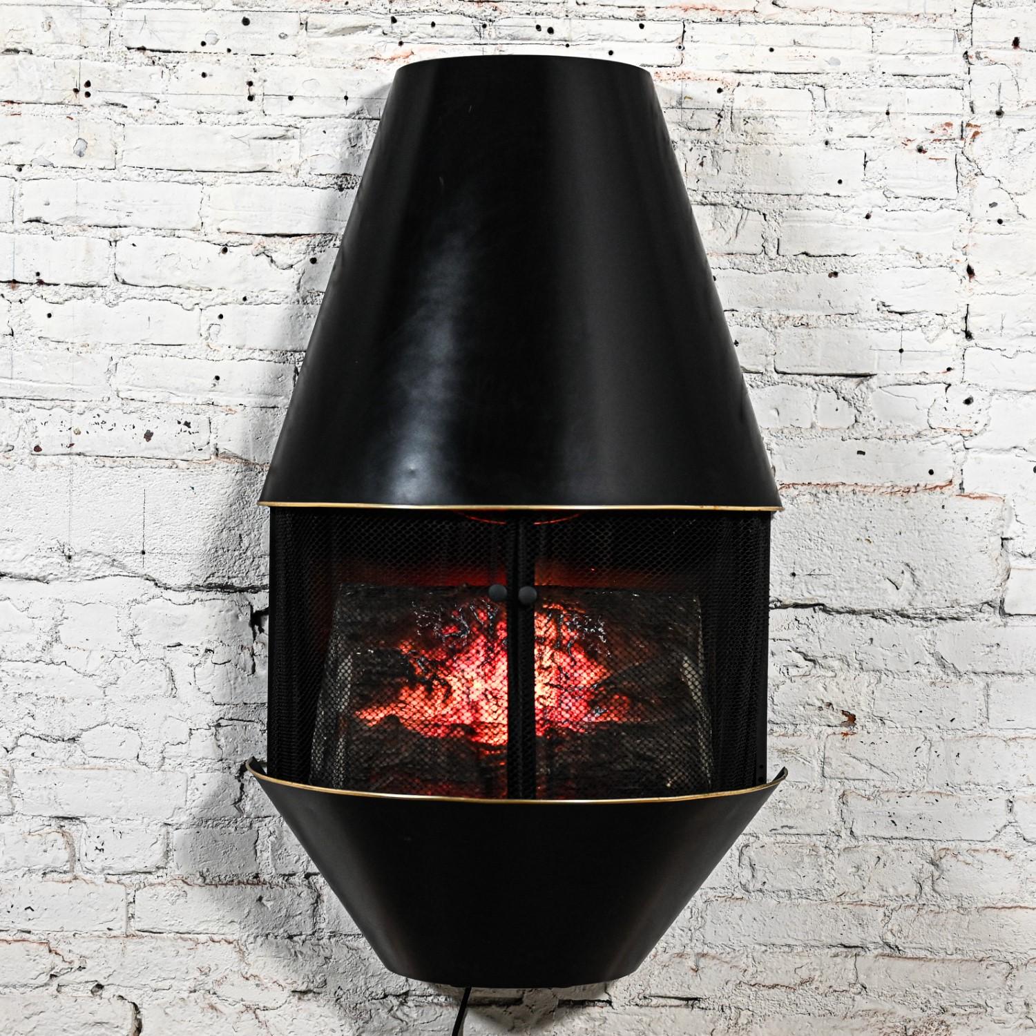MCM Sears & Roebuck Electric Wall Fireplace Model 41152 Black & Brass Plate Trim 12