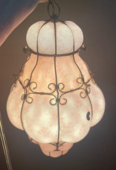 MCM Seguso Murano Italian Mottled Pink Cased Glass Caged Pendant Light Lantern