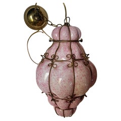 MCM Seguso Murano Italian Mottled Pink Cased Glass Caged Pendant Light Lantern