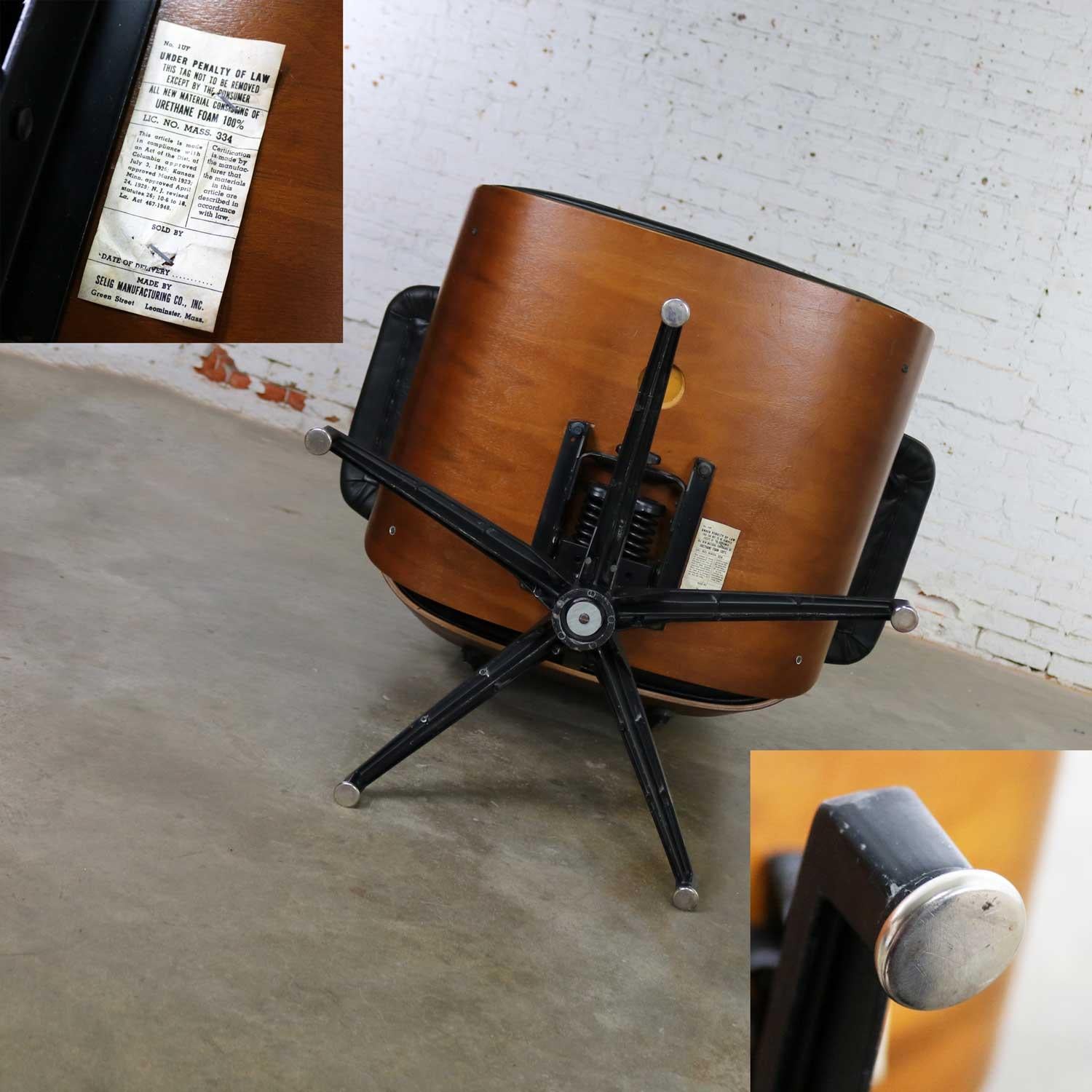 Mcm Selig Black Vinyl & Walnut Lounge Chair Style of Eames Herman Miller 3