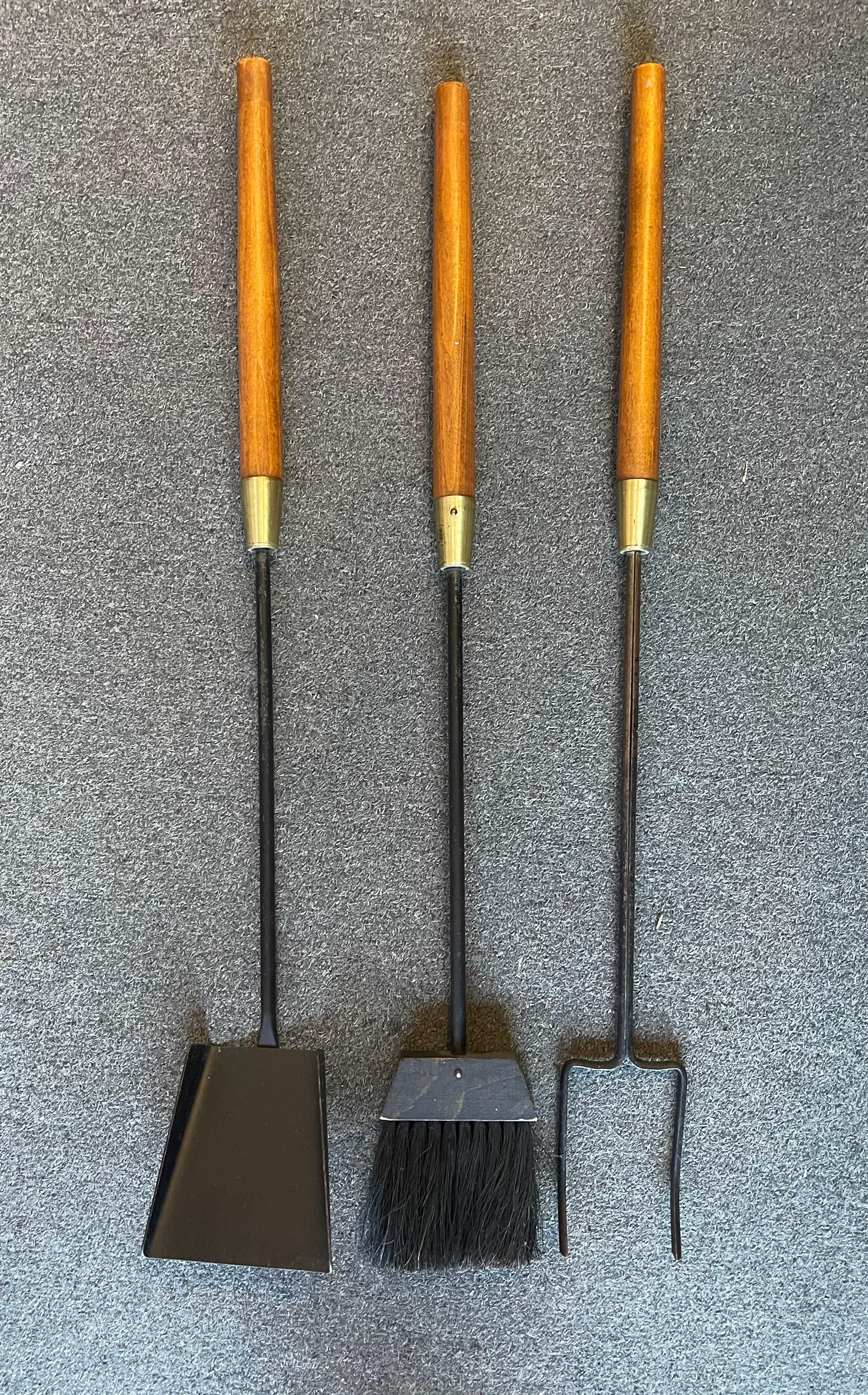 Mid-Century Modern MCM Set of Cast Iron Fireplace Tools with Walnut Handles