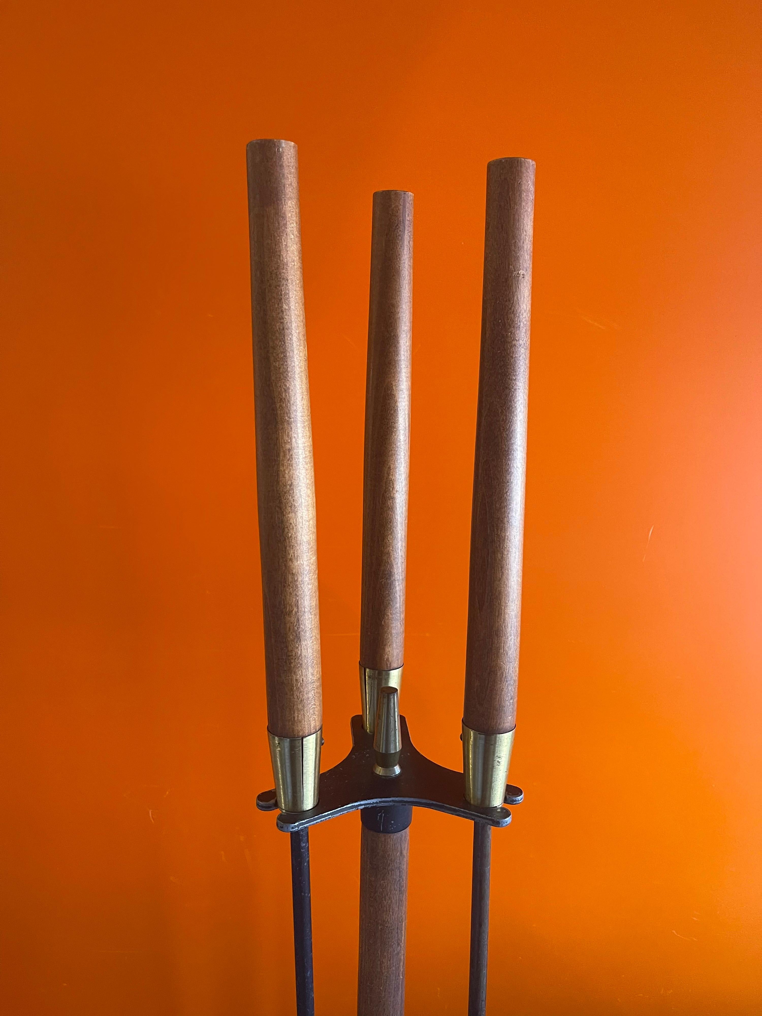 American MCM Set of Cast Iron Fireplace Tools with Walnut Handles