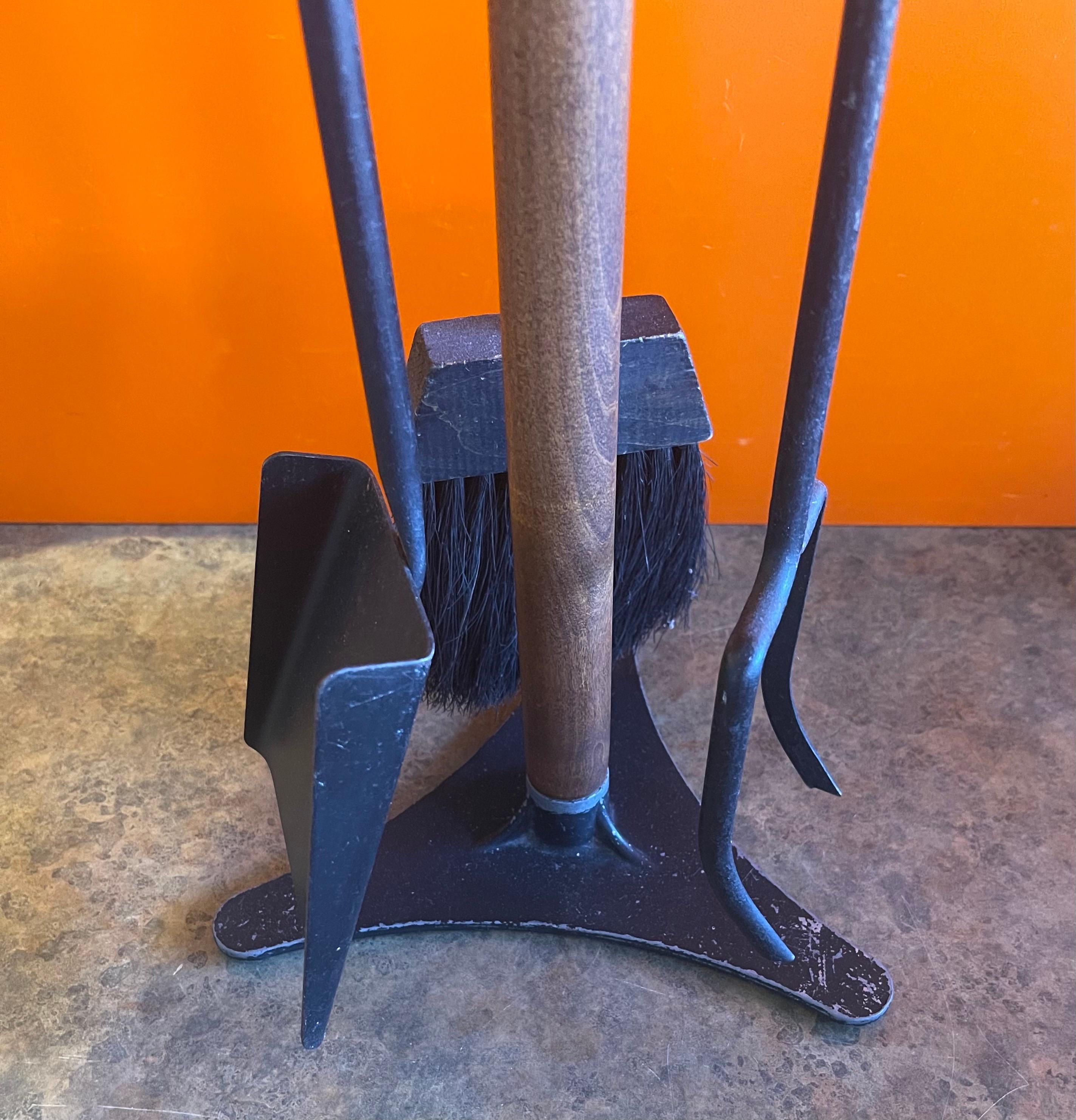 20th Century MCM Set of Cast Iron Fireplace Tools with Walnut Handles