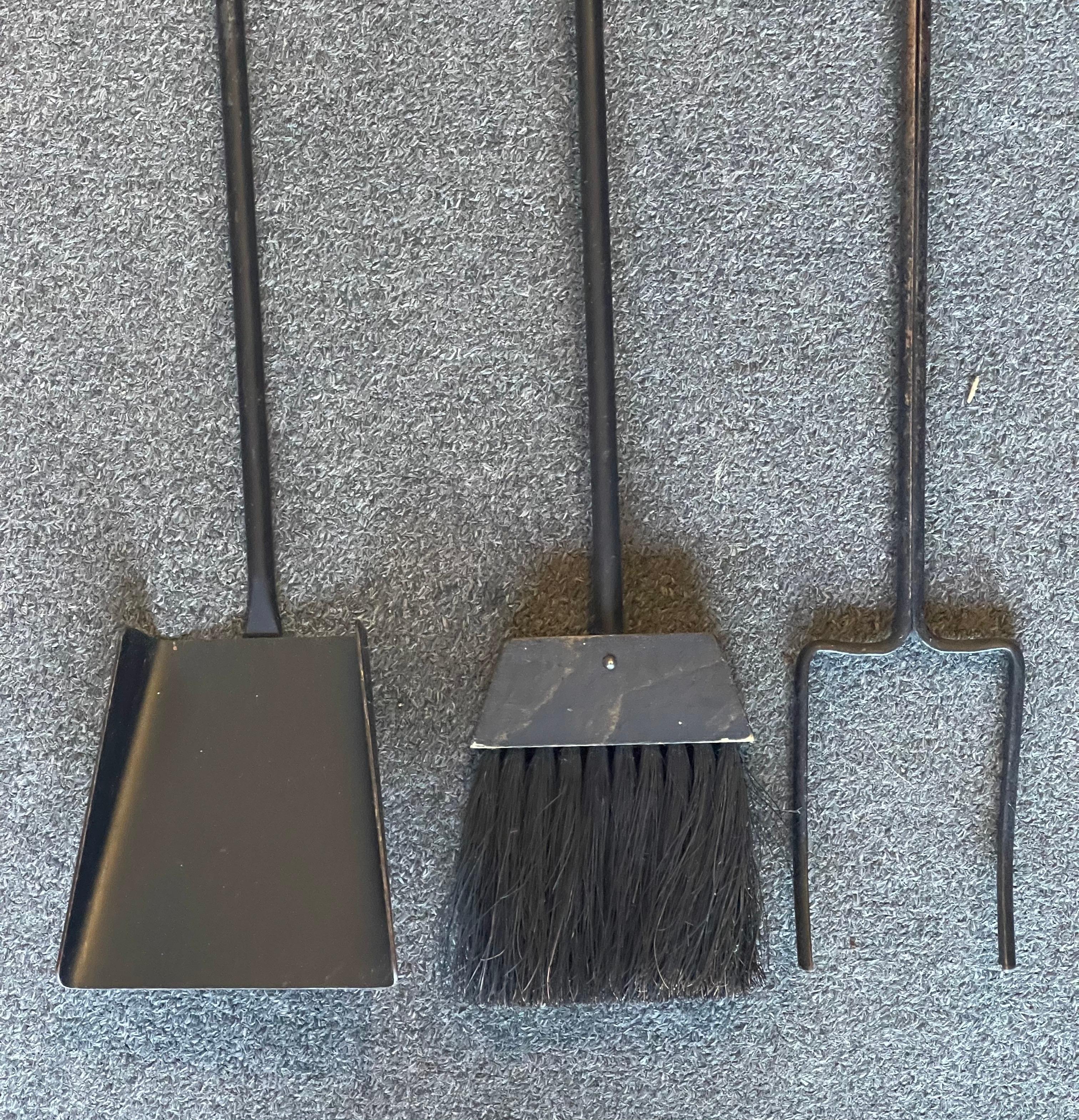 Brass MCM Set of Cast Iron Fireplace Tools with Walnut Handles