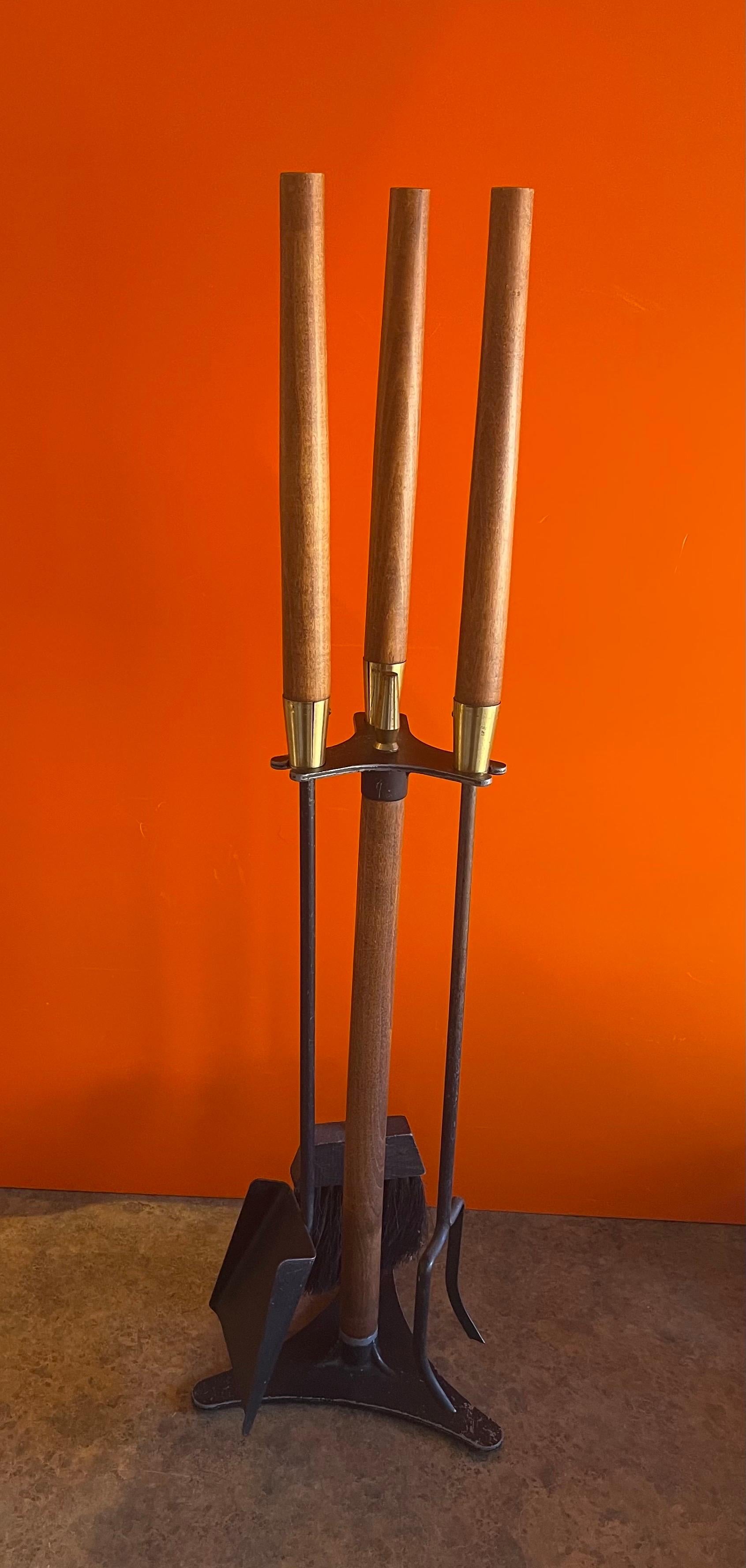 MCM Set of Cast Iron Fireplace Tools with Walnut Handles 1
