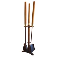 MCM Set of Cast Iron Fireplace Tools with Walnut Handles