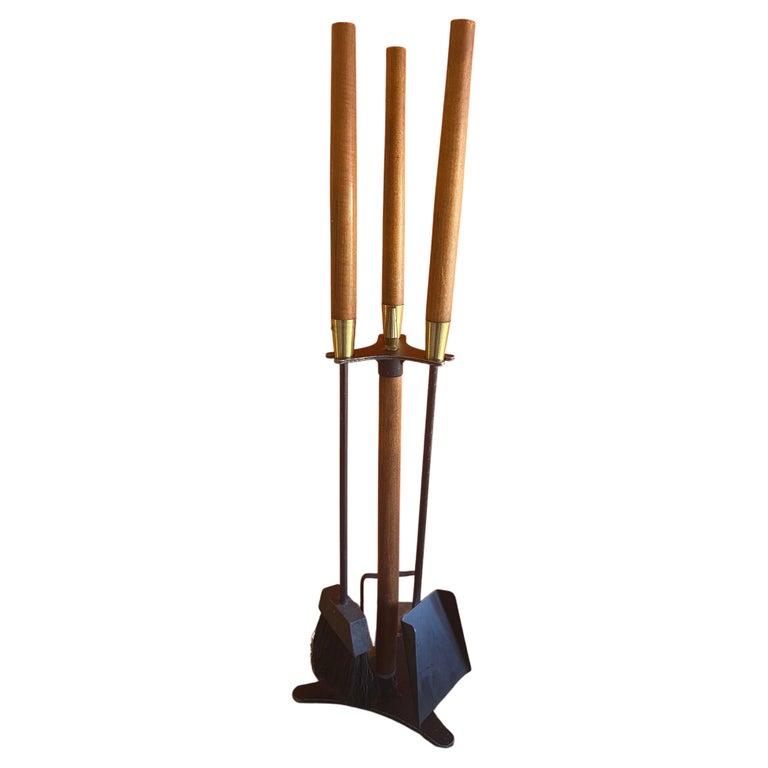 MCM Set of Cast Iron Fireplace Tools with Walnut Handles at 1stDibs