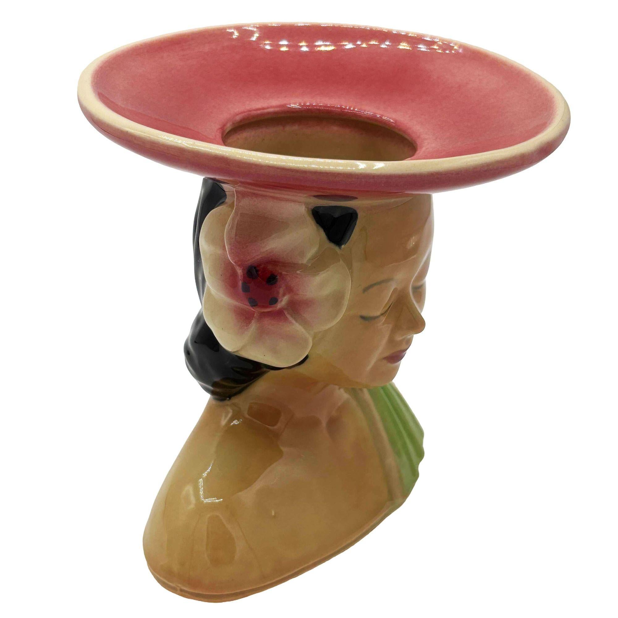 Mid-Century moderno MCM Shawnee Pottery 896 Vaso Hula Girl Polynesian Pink Plant Bust in vendita