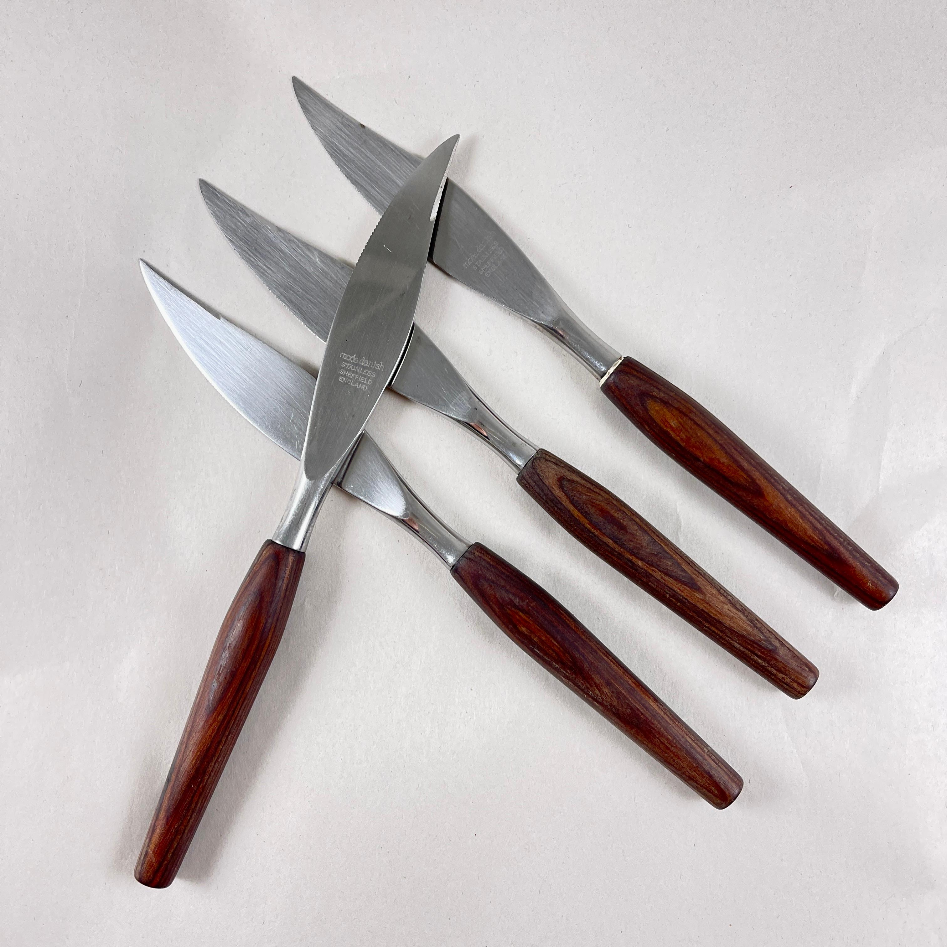 MCM Sheffield England ‘Mode Danish’ Teak Handled Knives, S/4 In Good Condition In Philadelphia, PA