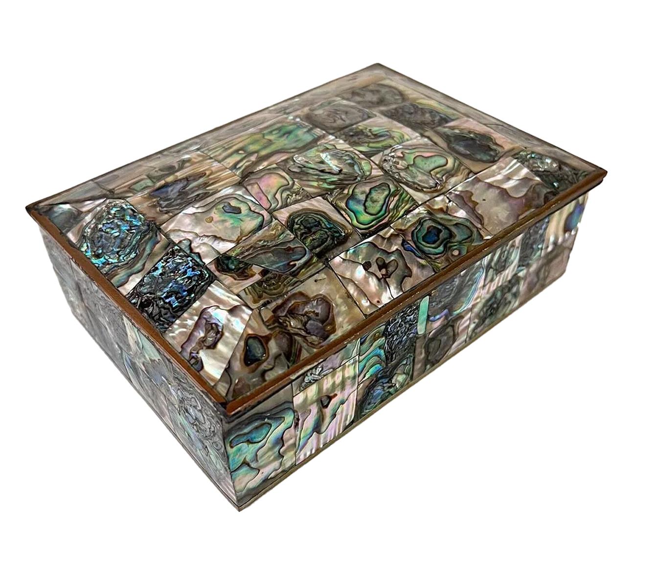 Abalone shell veneered box of rectangular form with domed top and lined with rosewood. Marked Taxco on the bottom. 