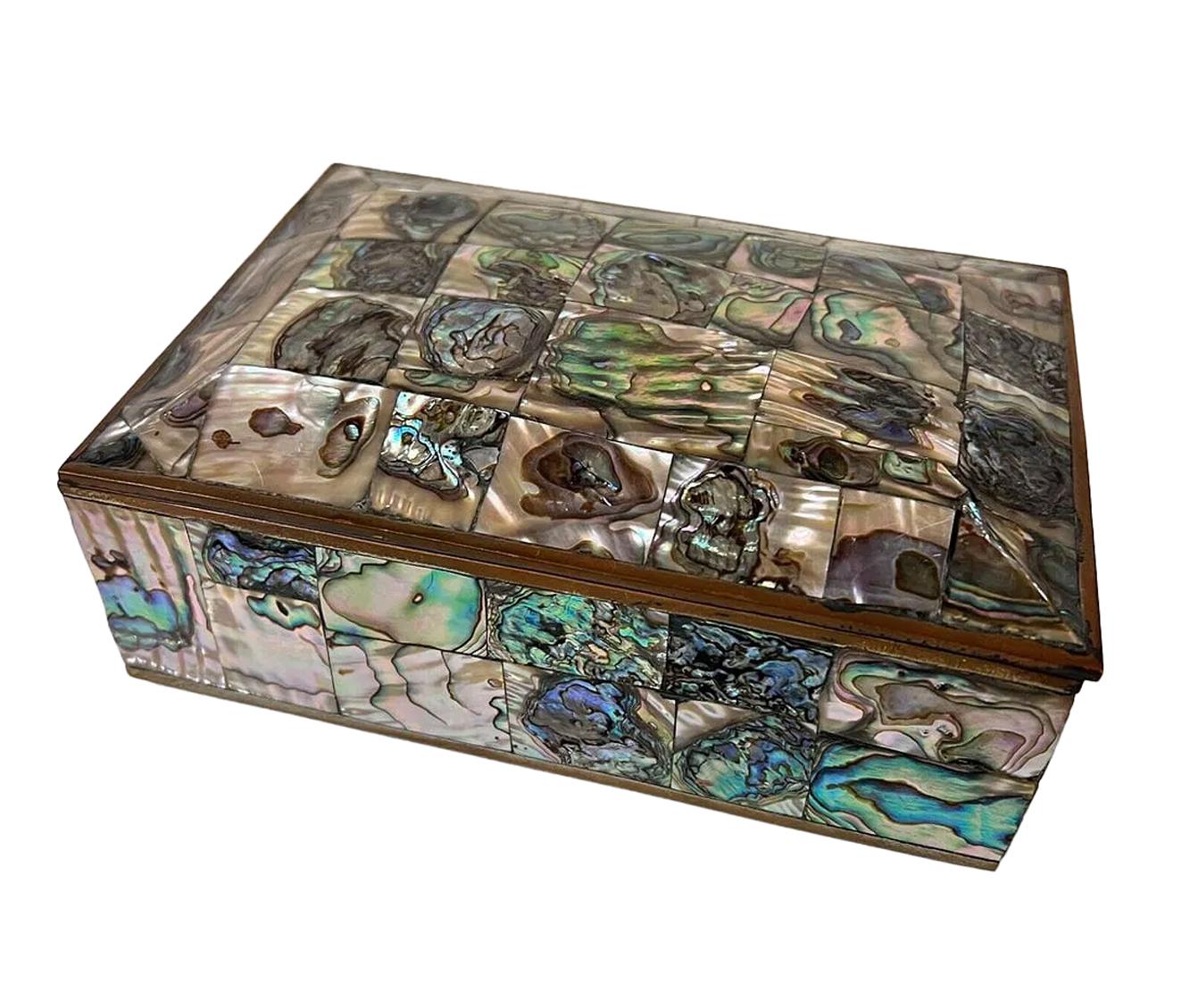 Mexican MCM Shell Veneered Box with Wood Interior Marked Taxco For Sale