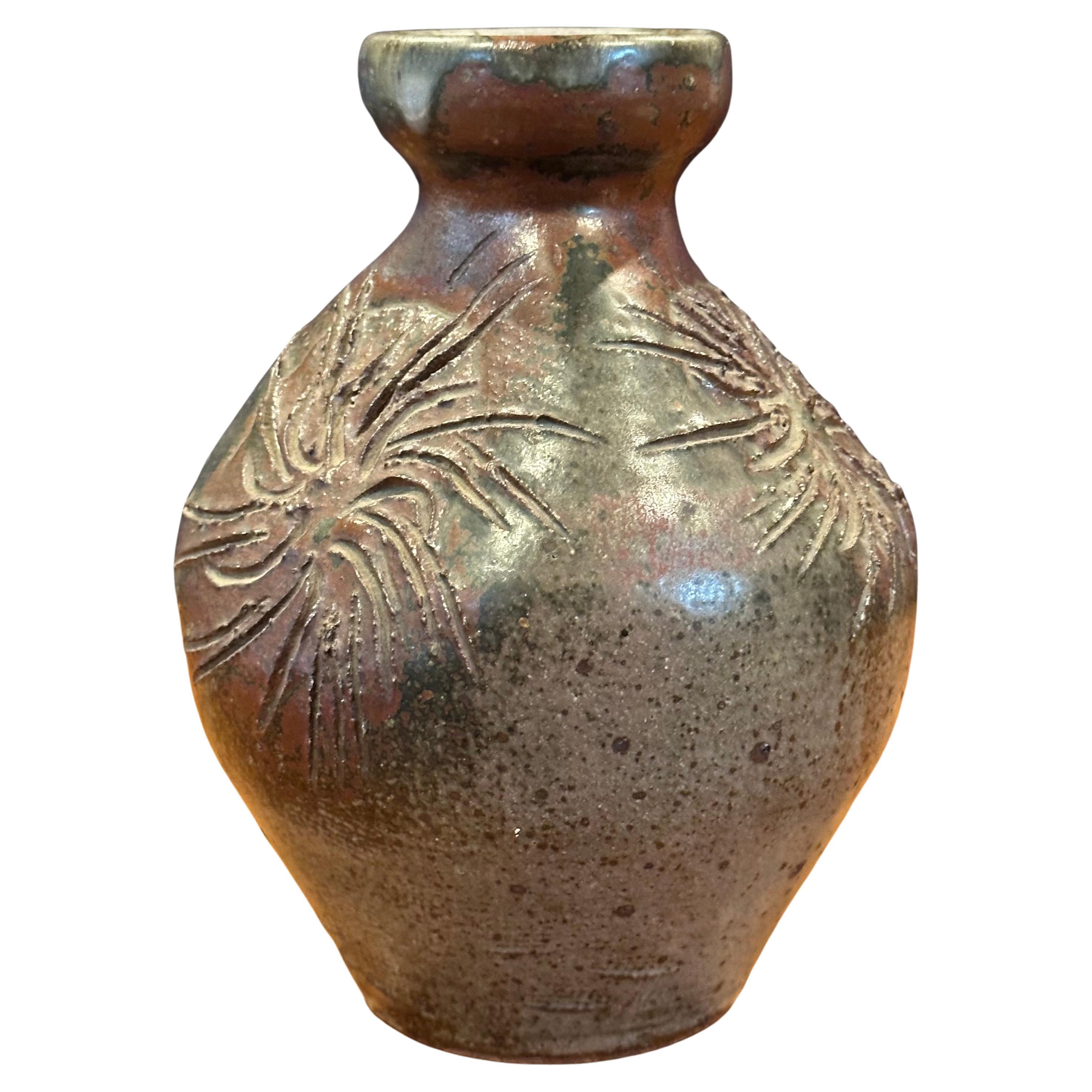 MCM Signed California Studio Pottery Stoneware Vase with Sunbursts For Sale 11