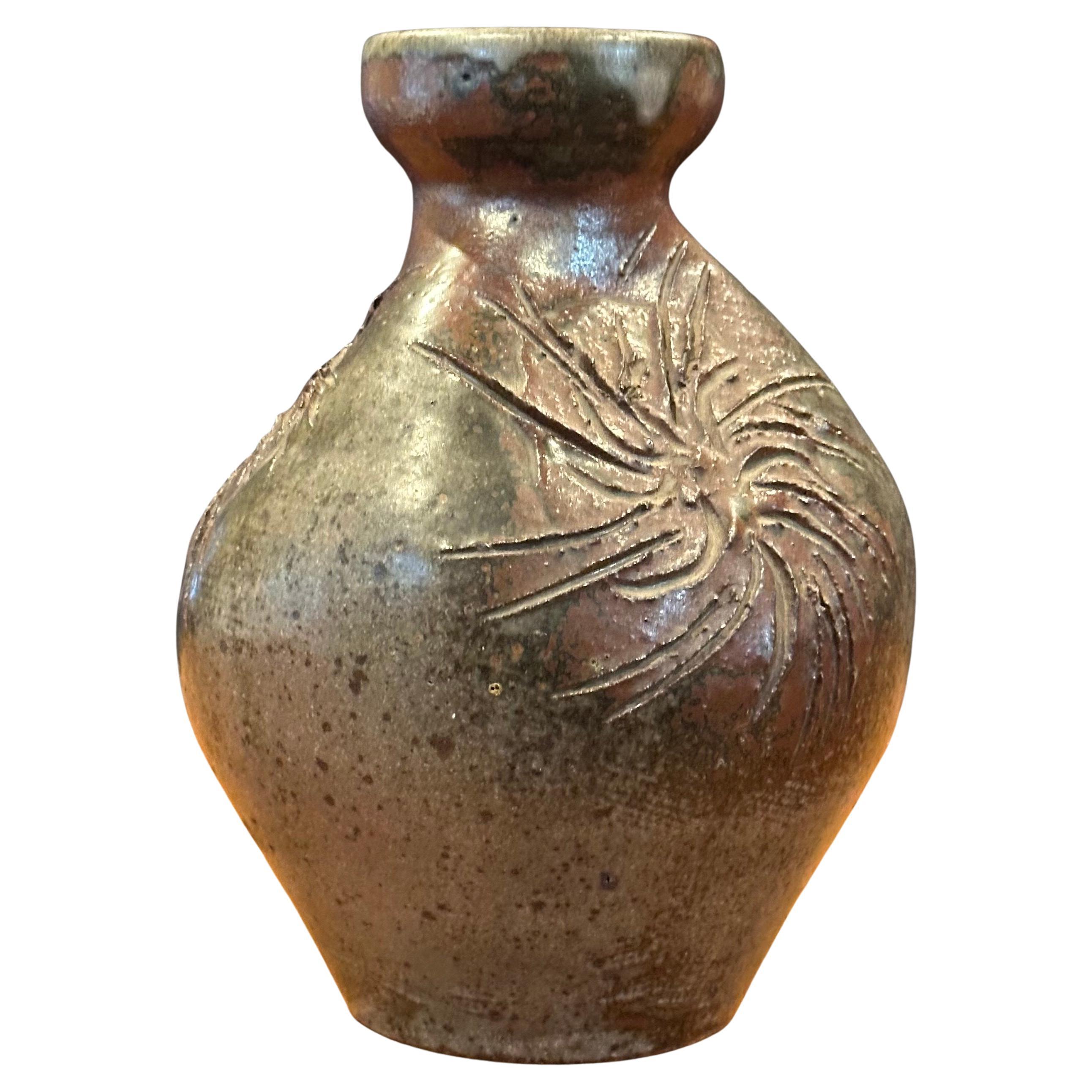 Mid-Century Modern MCM Signed California Studio Pottery Stoneware Vase with Sunbursts For Sale
