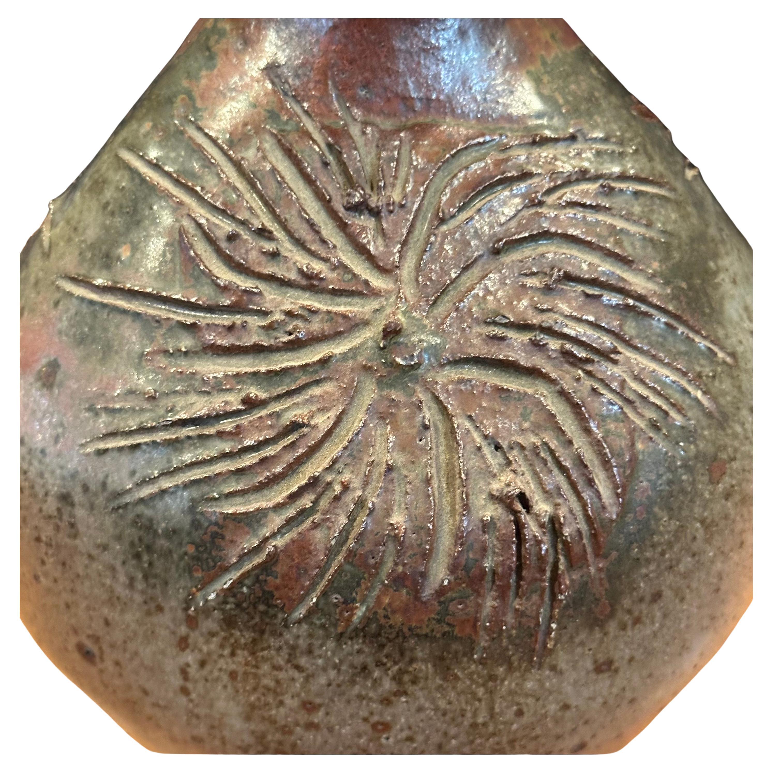 American MCM Signed California Studio Pottery Stoneware Vase with Sunbursts For Sale